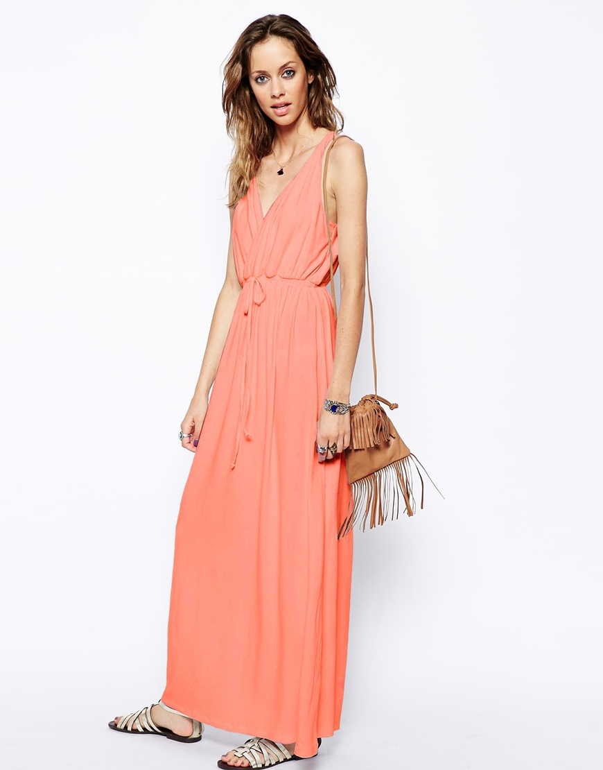 ASOS Maxi Dress With Grecian Wrap in Coral (Orange) - Lyst