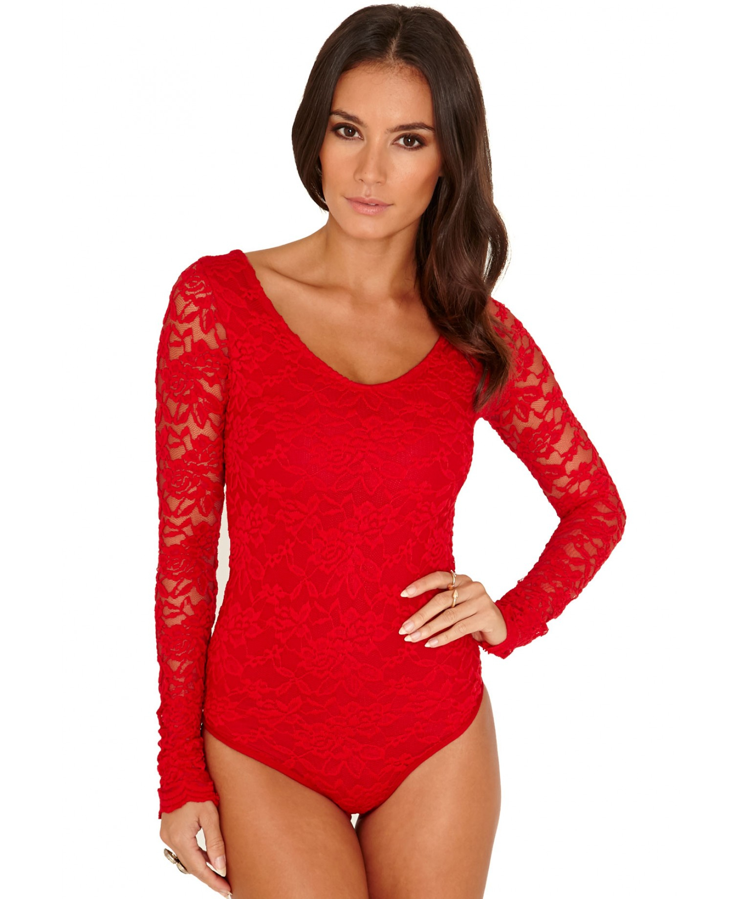 Red long sleeve lace bodysuit clearance