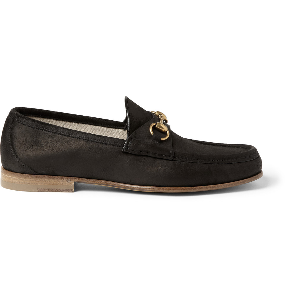 Gucci Horsebit Burnished-Suede Loafers in Black for Men | Lyst