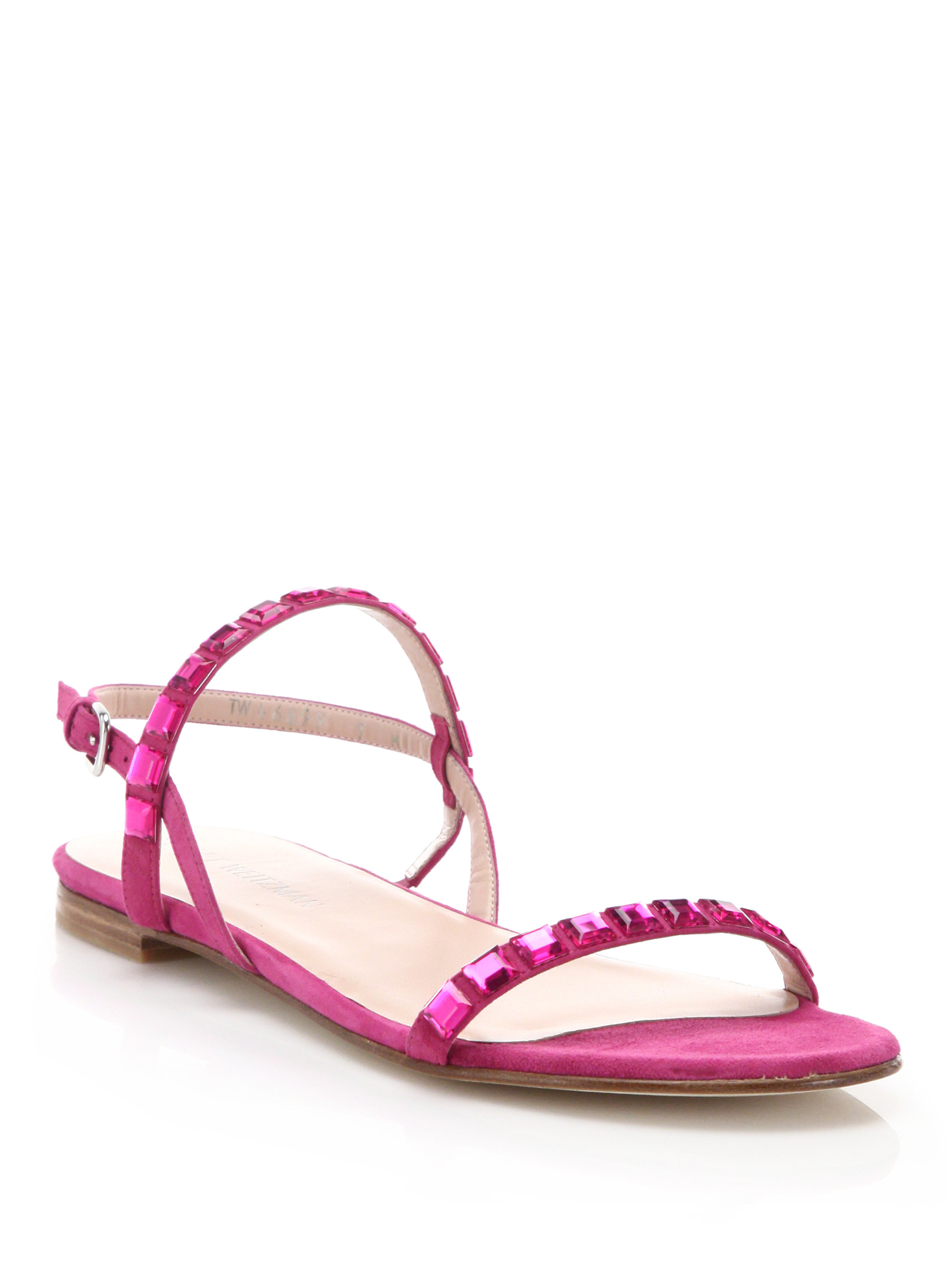 Stuart Weitzman Trailmix Jeweled Suede Flat Sandals in Pink - Lyst