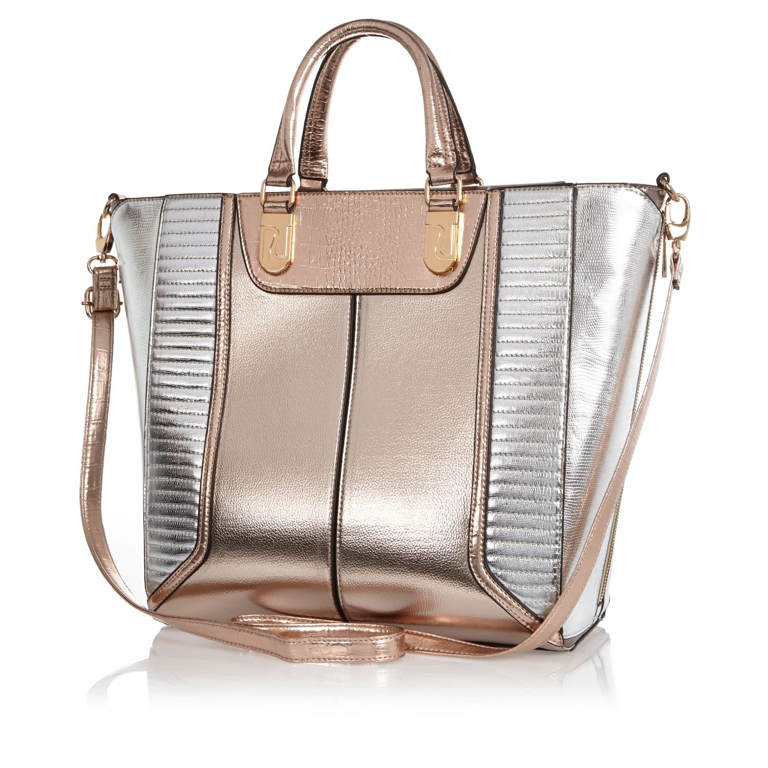 River Island Rose Gold Metallic Colour Block Tote Bag in Pink (rose) Lyst