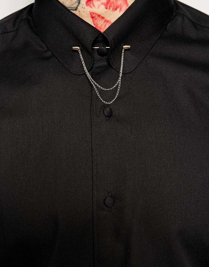 Noose And Monkey Shirt With Gold Collar Bar & Chain In Super Skinny Fit in Black |