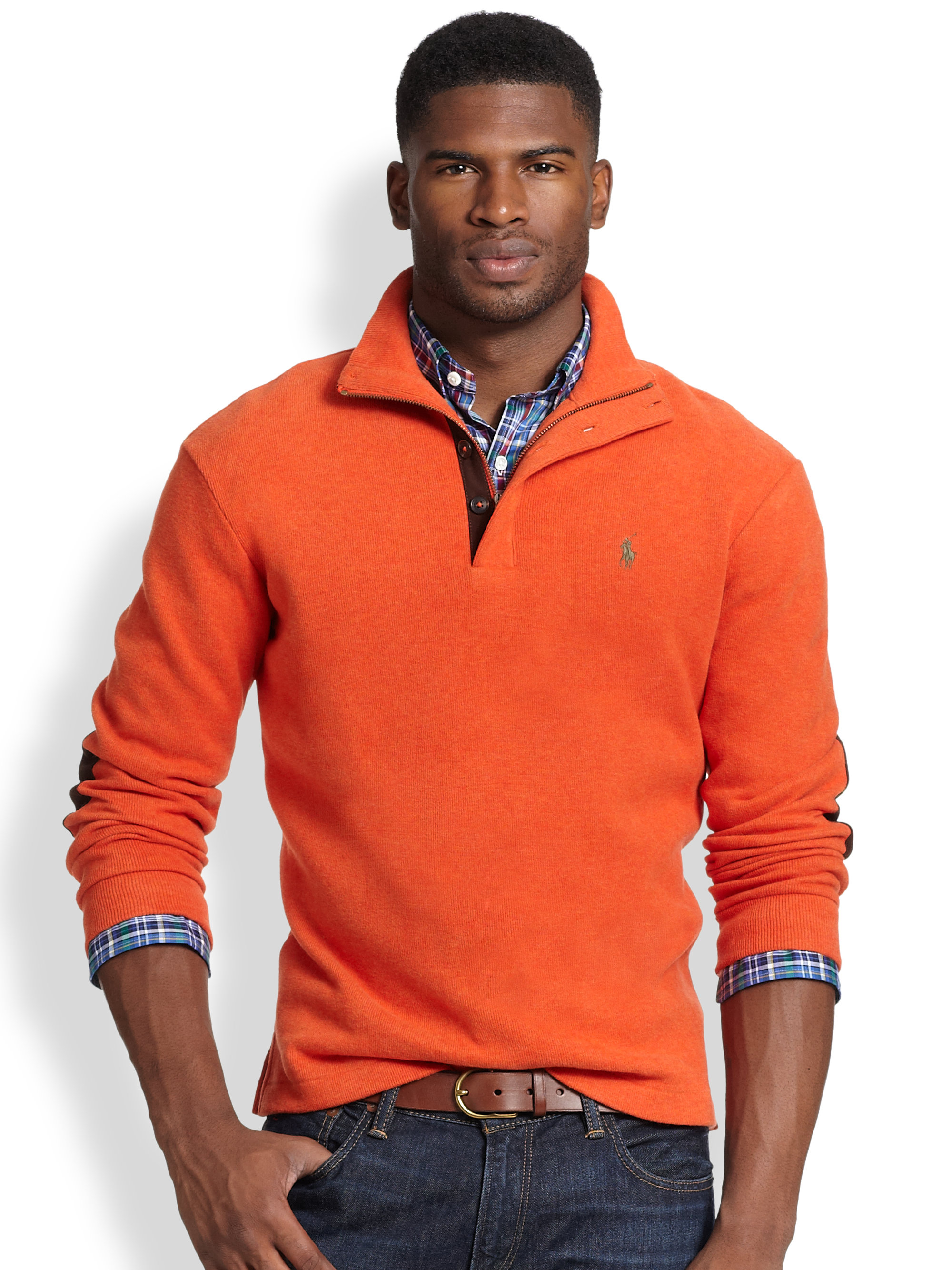 Polo Ralph Lauren French-Rib Suede-Trimmed Pullover in Orange for Men ...