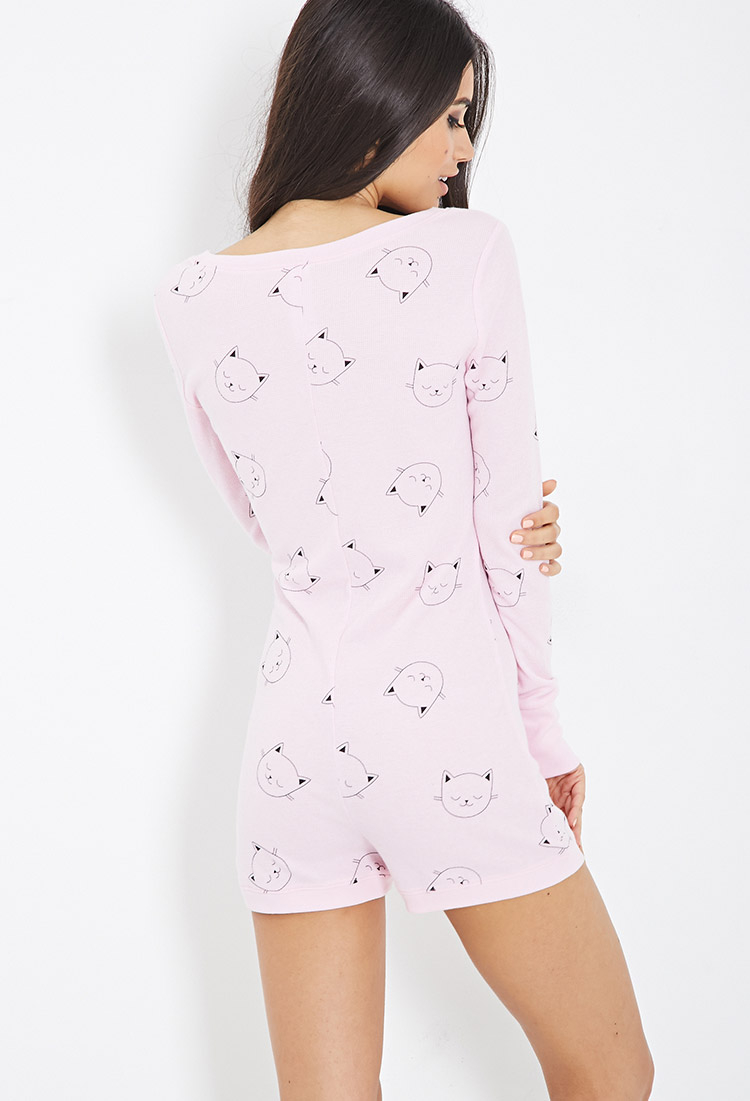 Forever 21 Cat Print Thermal Pj Romper in Pink Lyst
