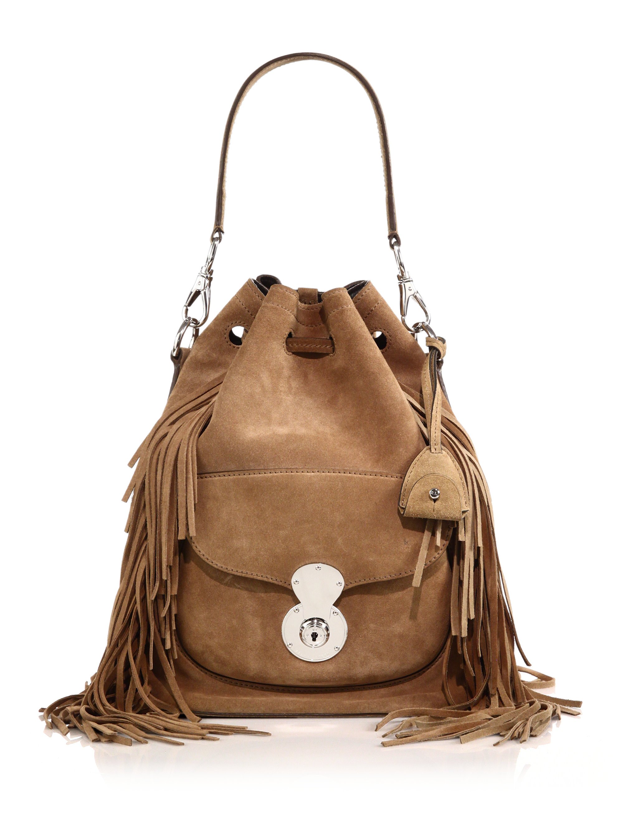 Ricky Fringed Suede Bucket Bag in Tan 