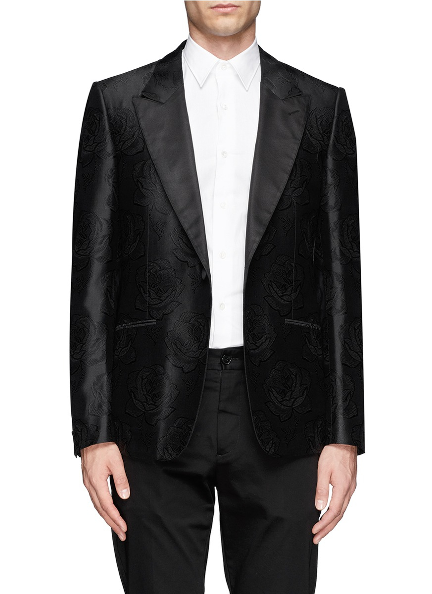 Alexander Mcqueen Rose Jacquard Silk Tuxedo Blazer in Black for Men | Lyst