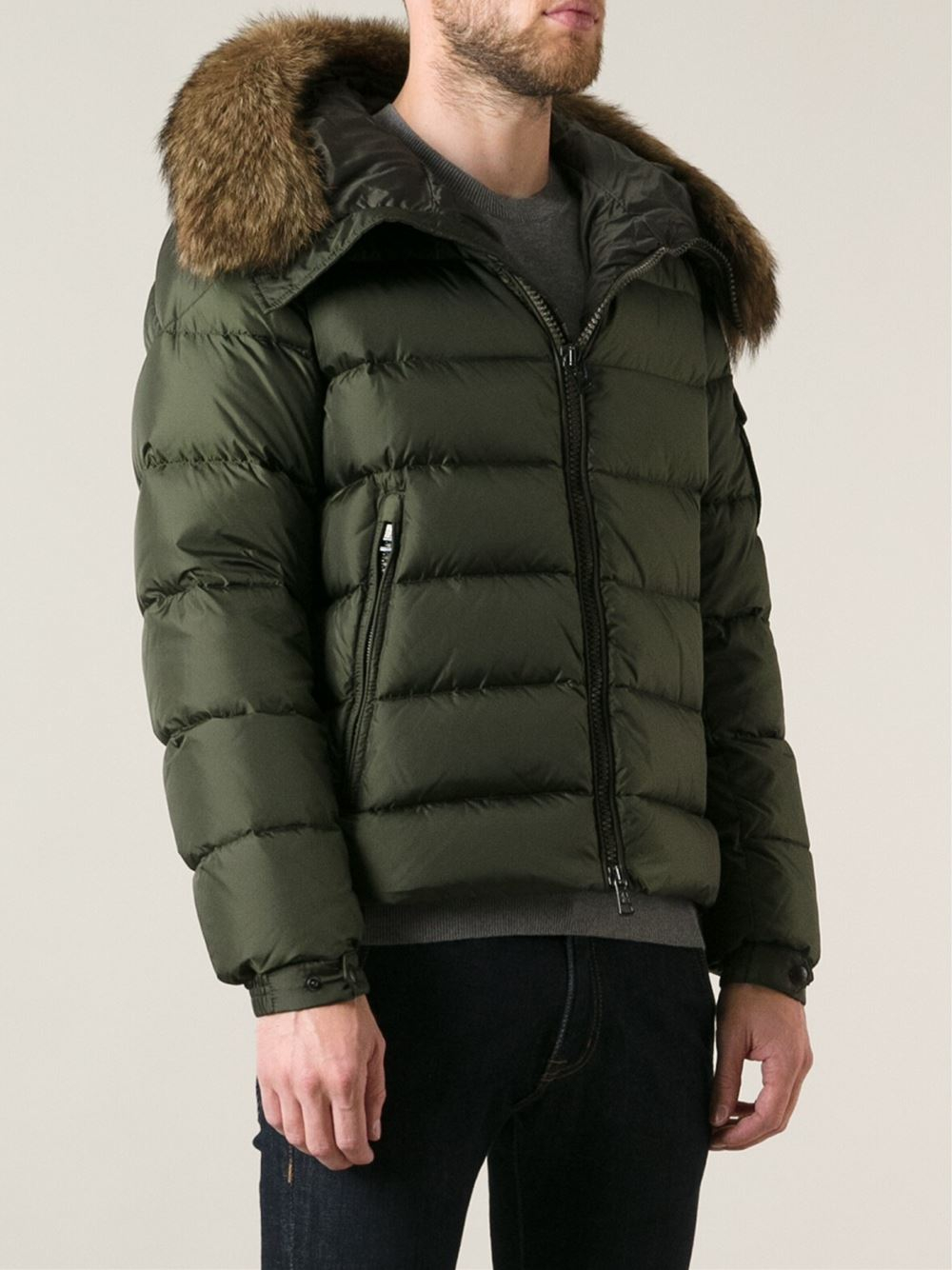 Moncler Byron Fur Hood Padded Jacket in Green for Men - Lyst