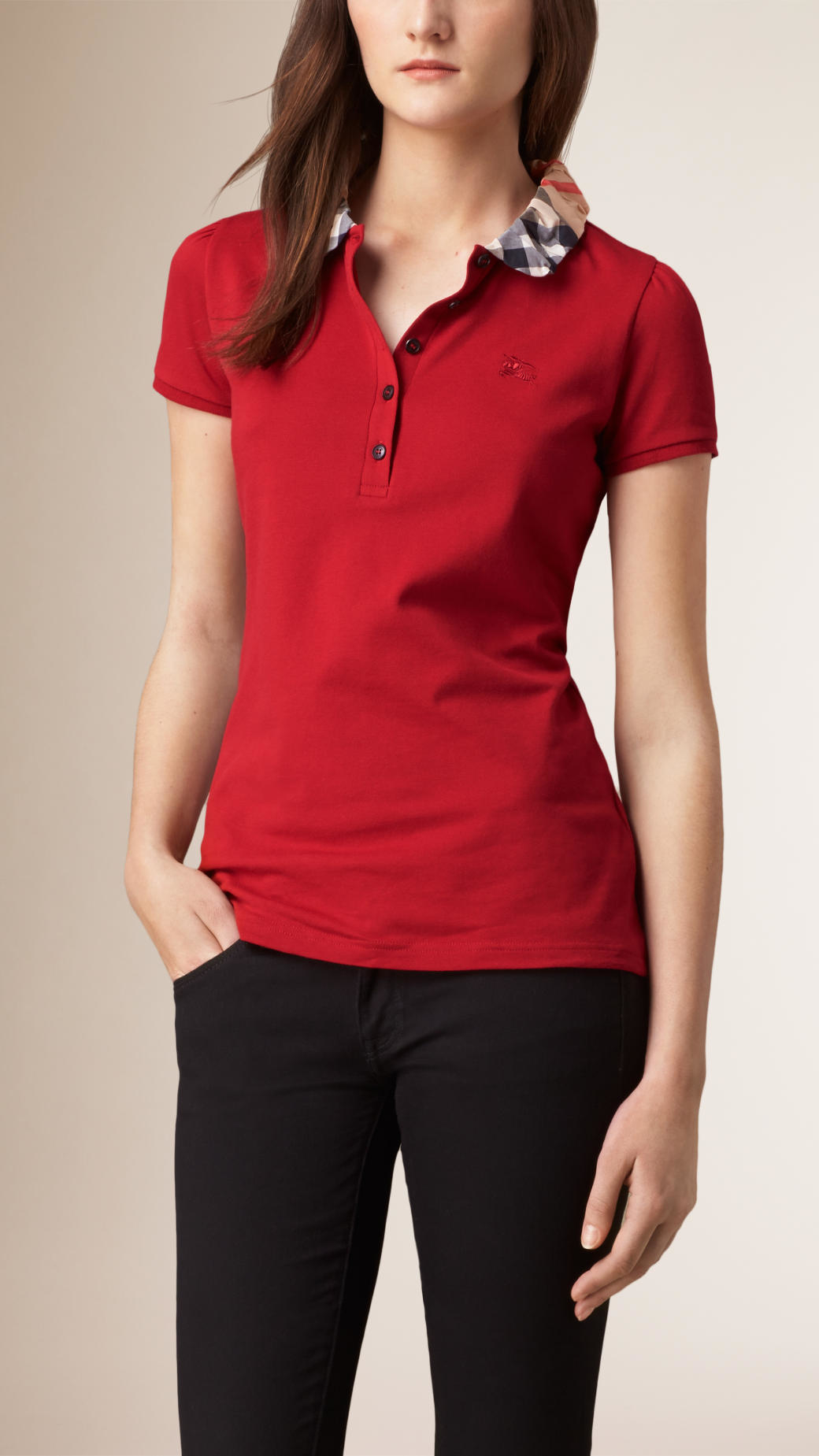 Burberry Check Collar Polo Shirt in Military Red (Red) | Lyst
