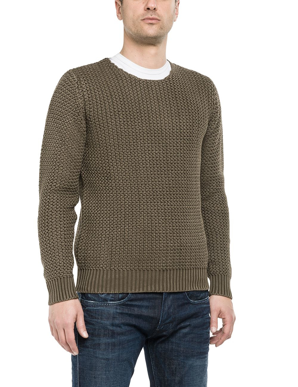 Replay Cotton Round Neck Sweater in Green for Men | Lyst