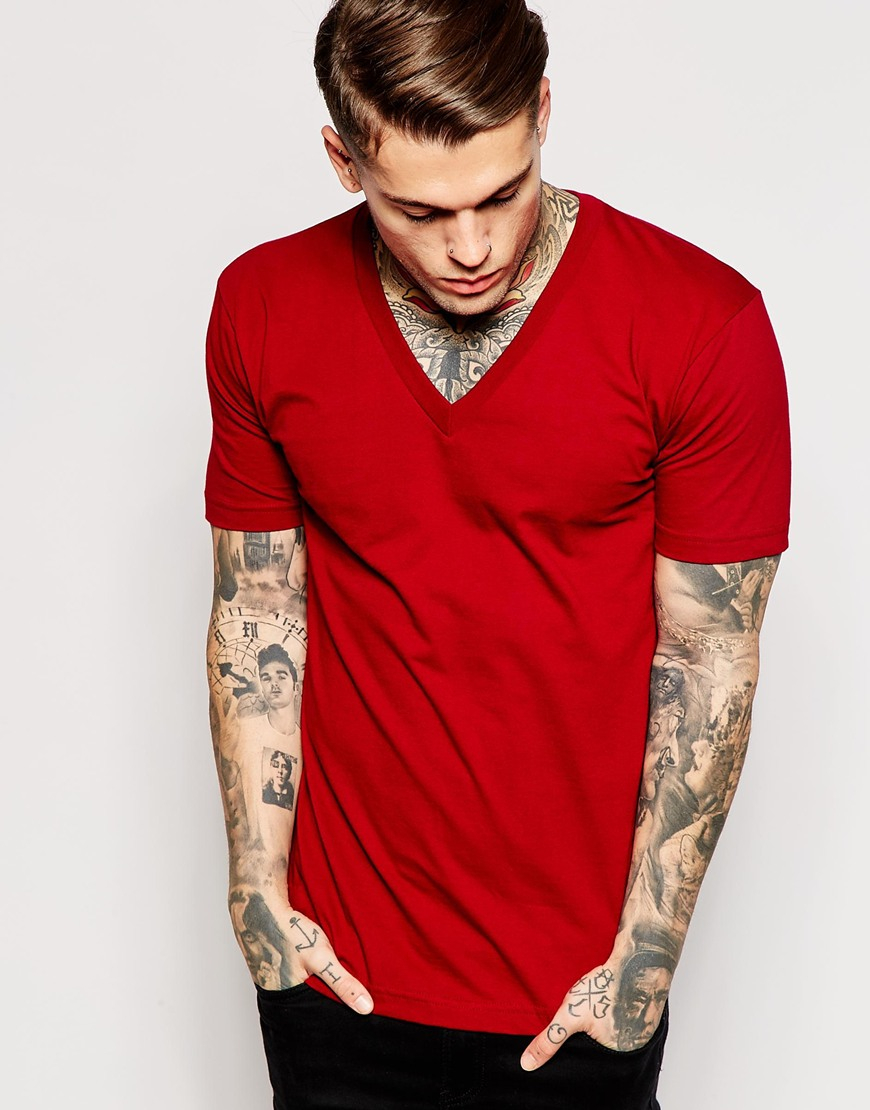 red v neck t shirt mens