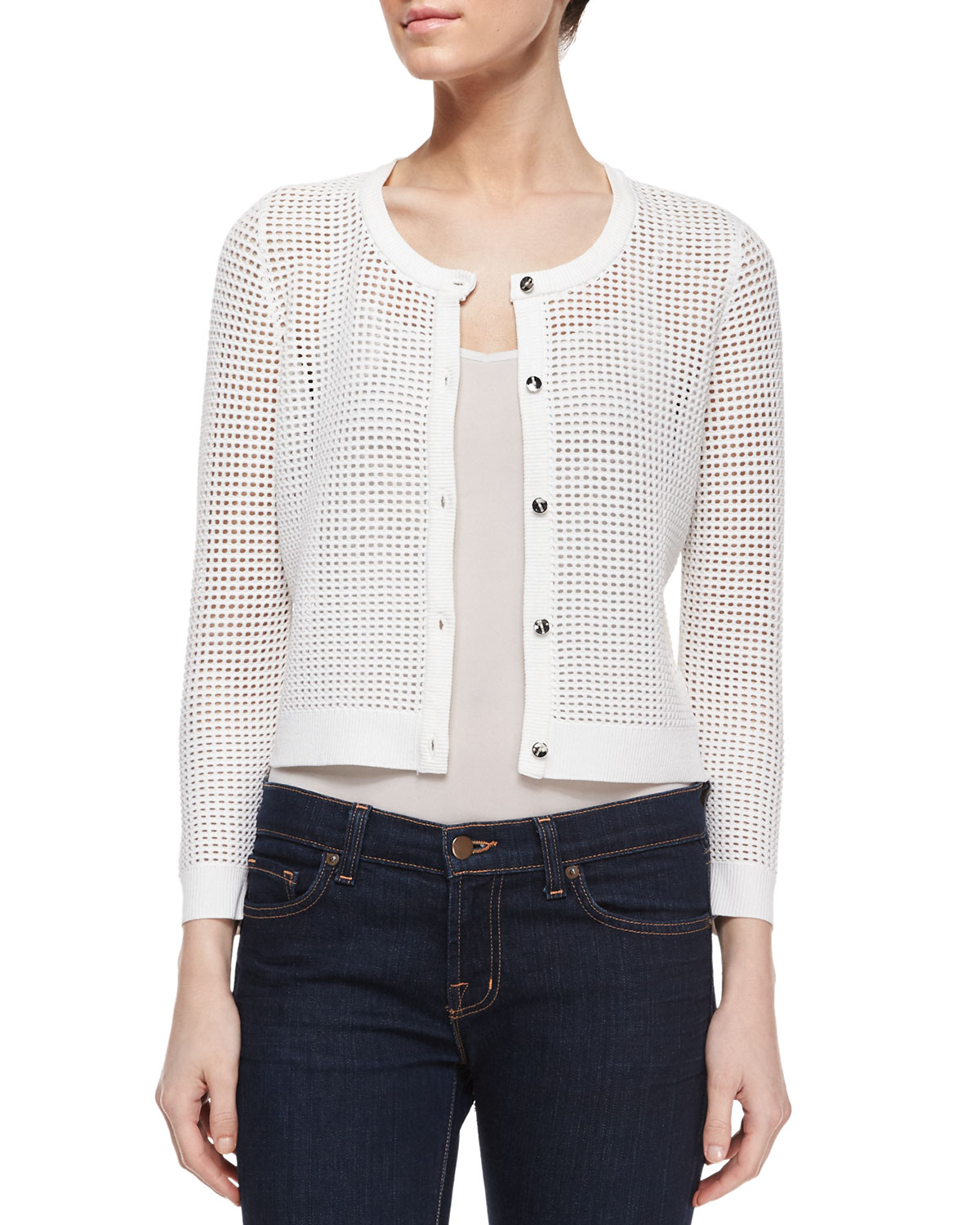 MILLY Cropped Mesh Cardigan in White - Lyst