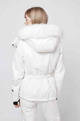 white ski jacket with fur hood