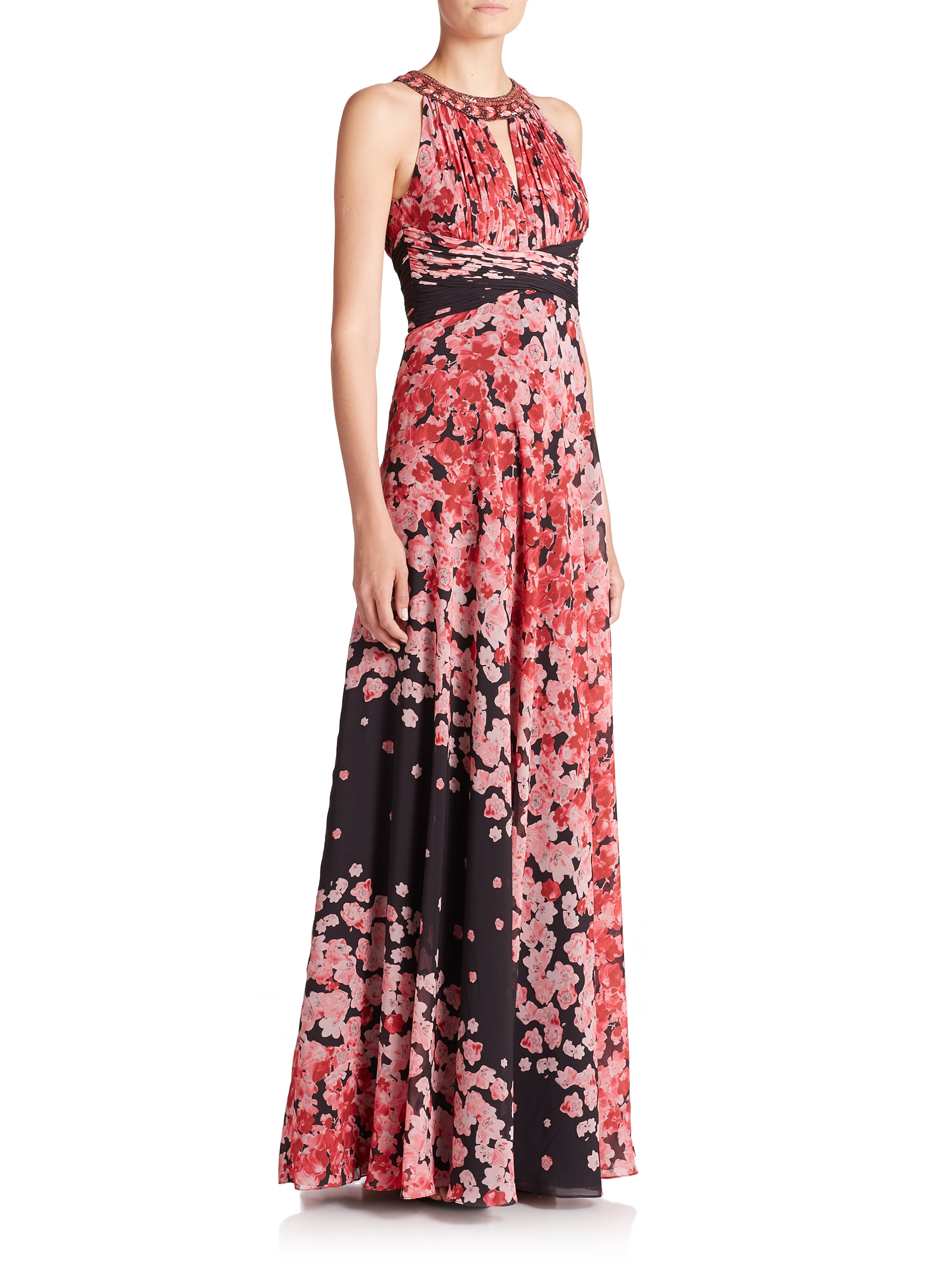 Teri Jon Synthetic Floral Empire Maxi Evening Gown in Red - Lyst