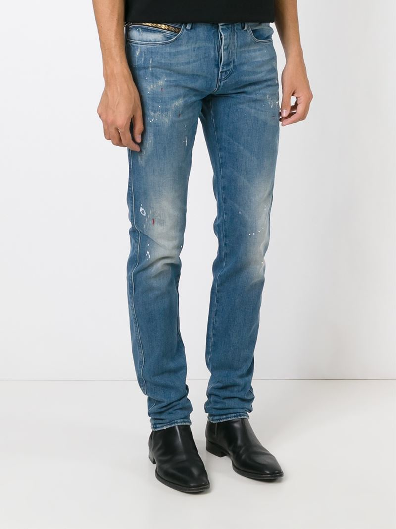 Emporio Armani Denim Paint Splatter Slim Jeans in Blue for Men - Lyst