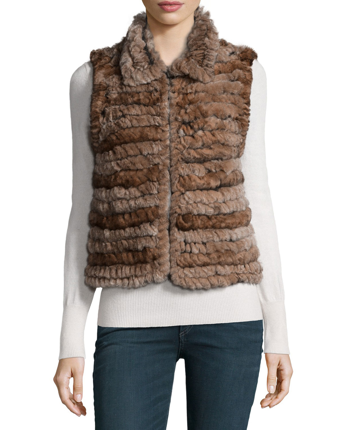 Adrienne landau Rabbit Fur & Leather Vest in Brown Lyst