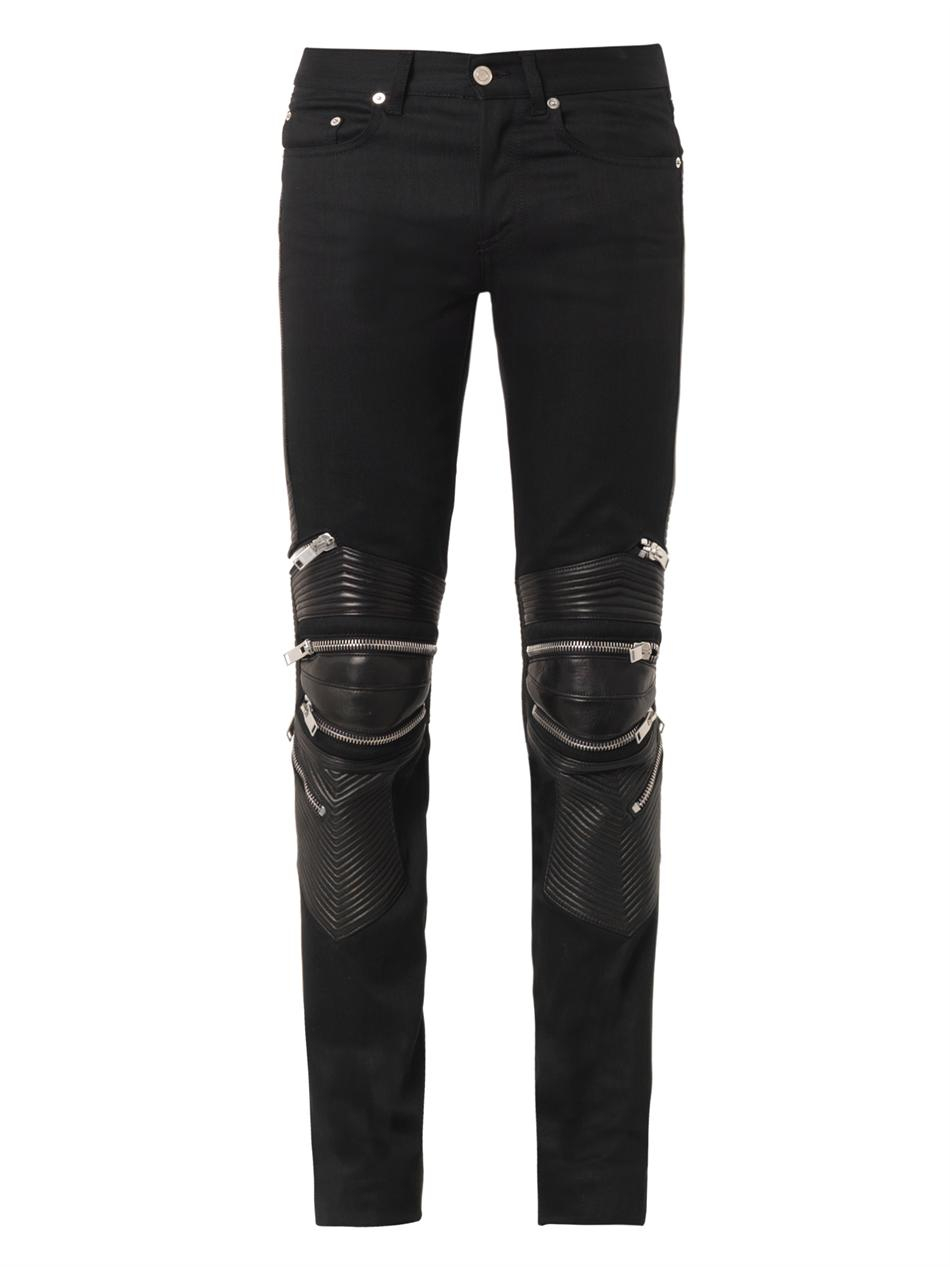 Saint Laurent Leather Biker Zipper-Knee Denim Jeans in Black for Men - Lyst