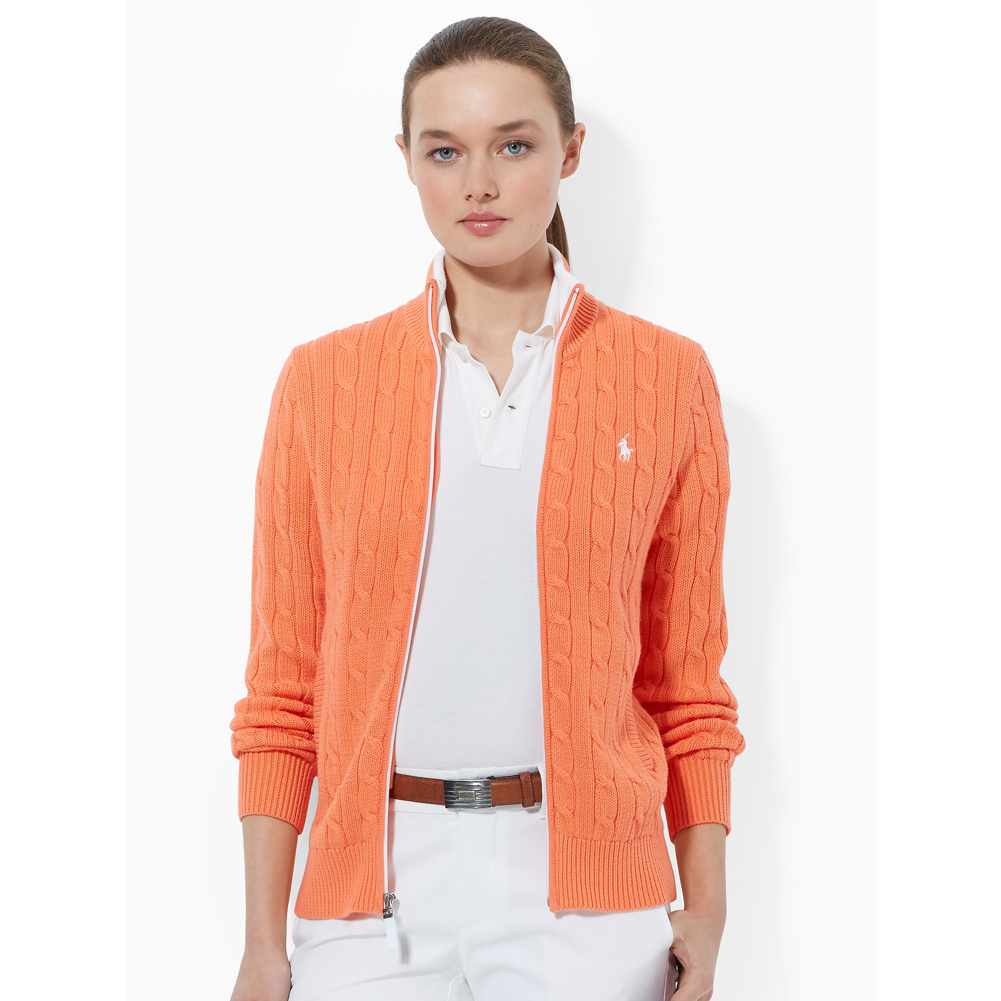 Ralph lauren golf Cable-knit Zip-up Sweater in Orange | Lyst