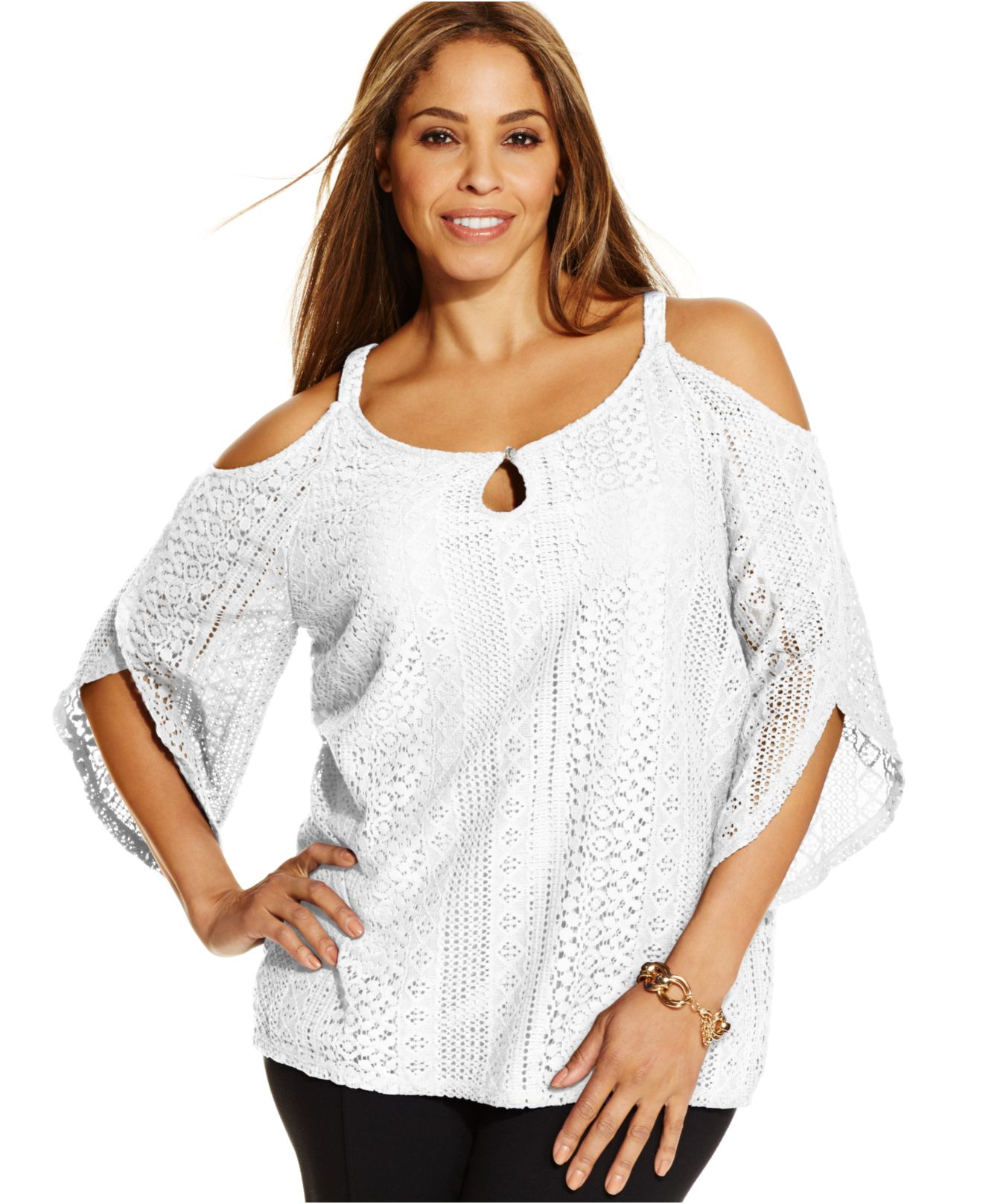 white plus size cold shoulder tops