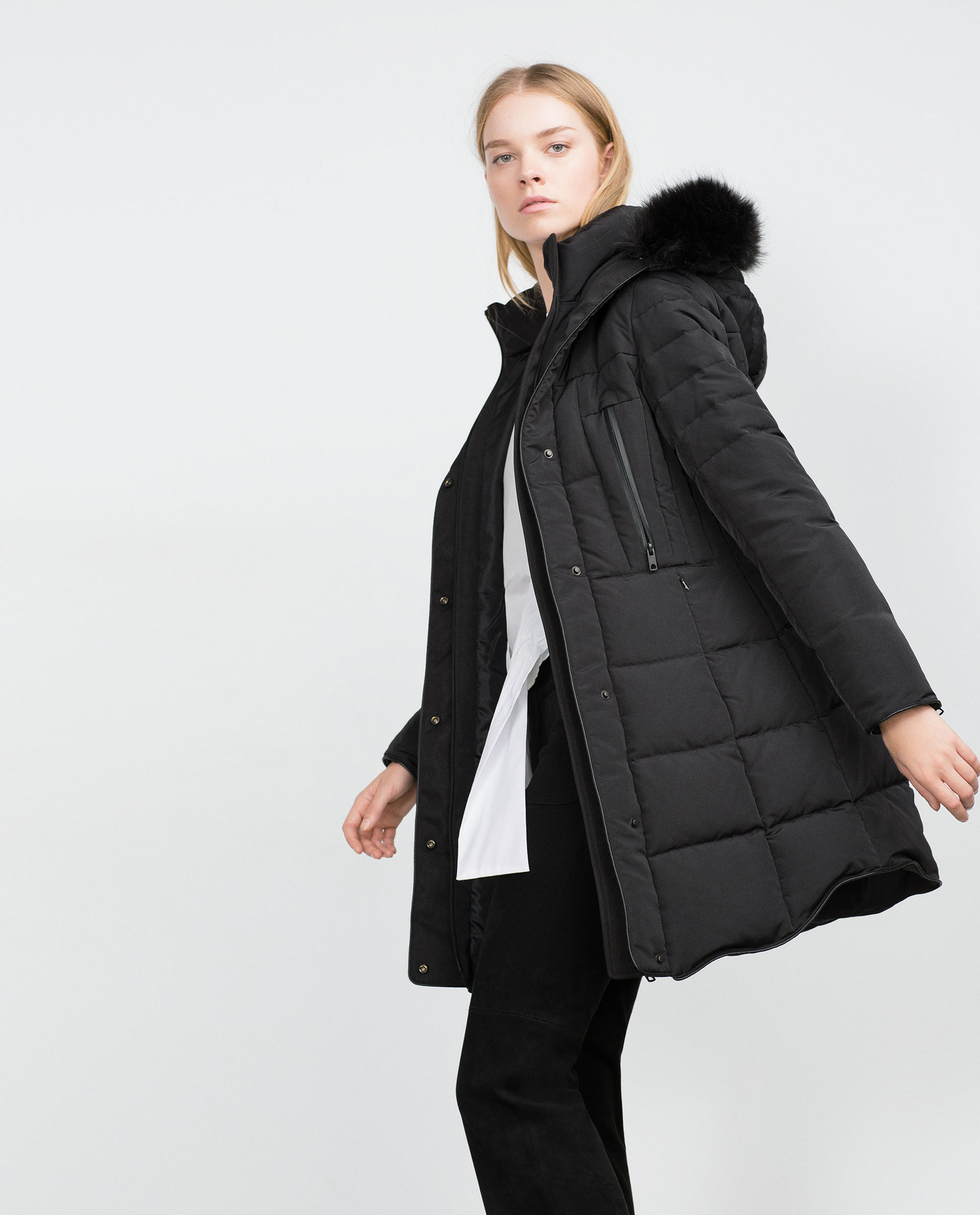 Zara Long Quilted Coat With Detachable Faux Fur in Black | Lyst
