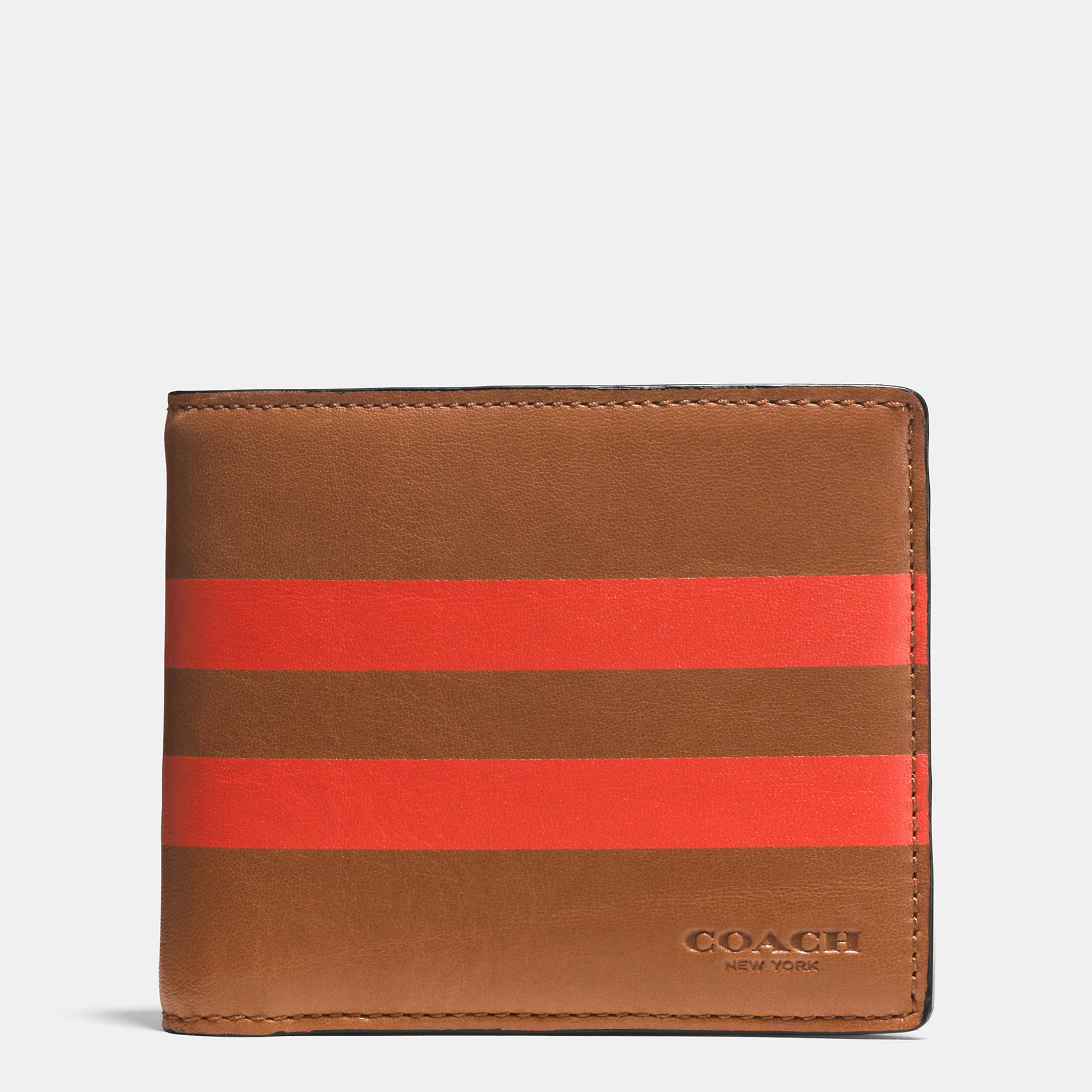 COACH Varsity Stripe Compact Id Wallet In Sport Calf Leather in Orange