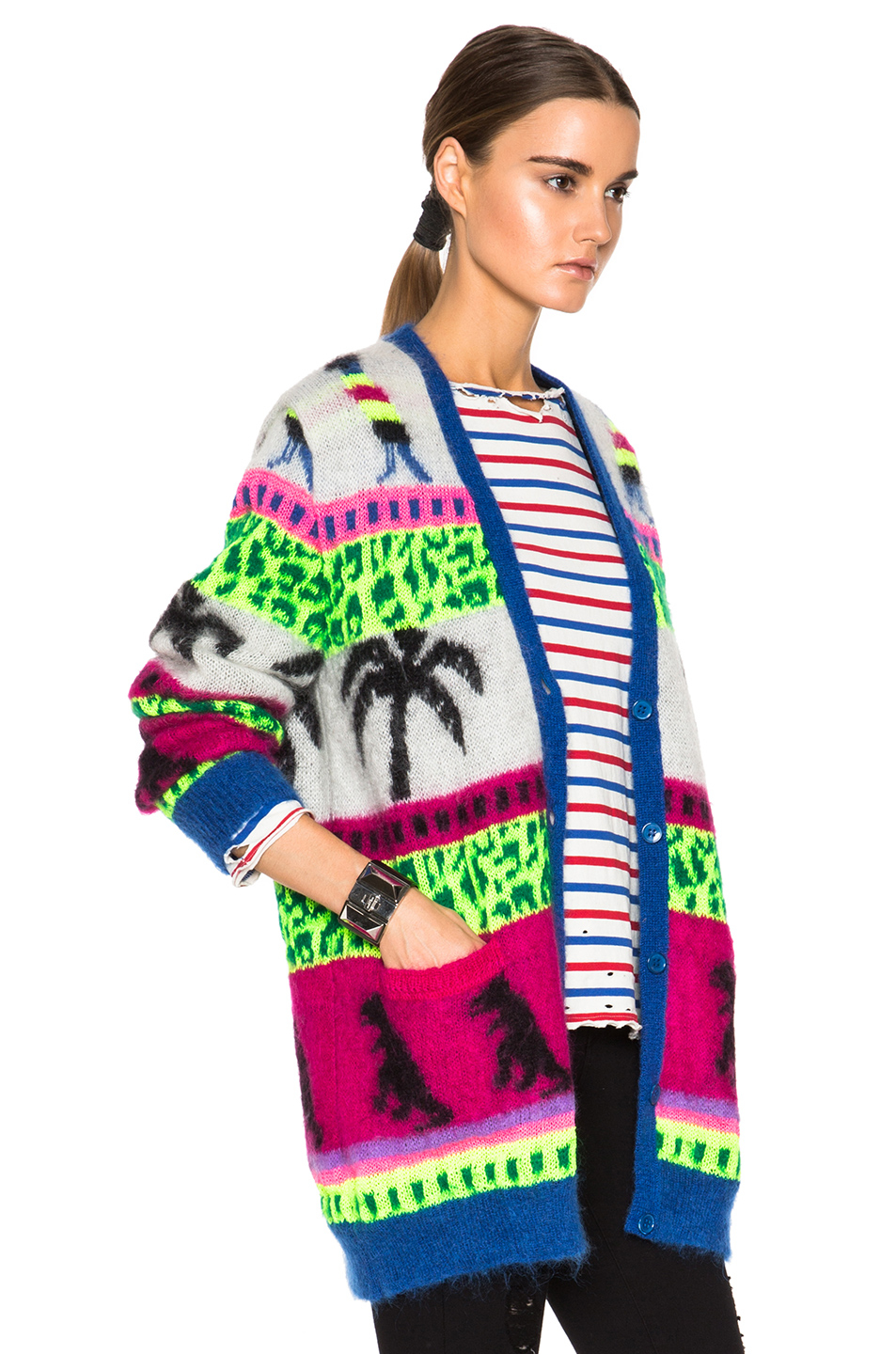 Saint Laurent Wool Jacquard Mohair Dinosaur Cardigan in Blue Lyst