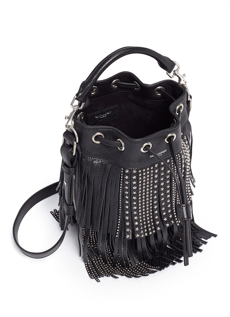 Saint Laurent &#39;emmanuelle&#39; Small Stud Fringe Leather Bucket Bag in Black - Lyst