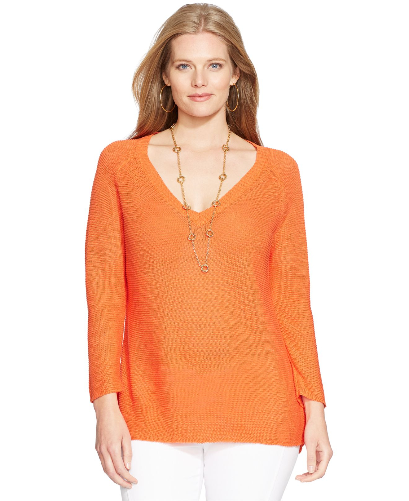 Lauren by ralph lauren Plus Size Linen V-Neck Sweater in Orange | Lyst