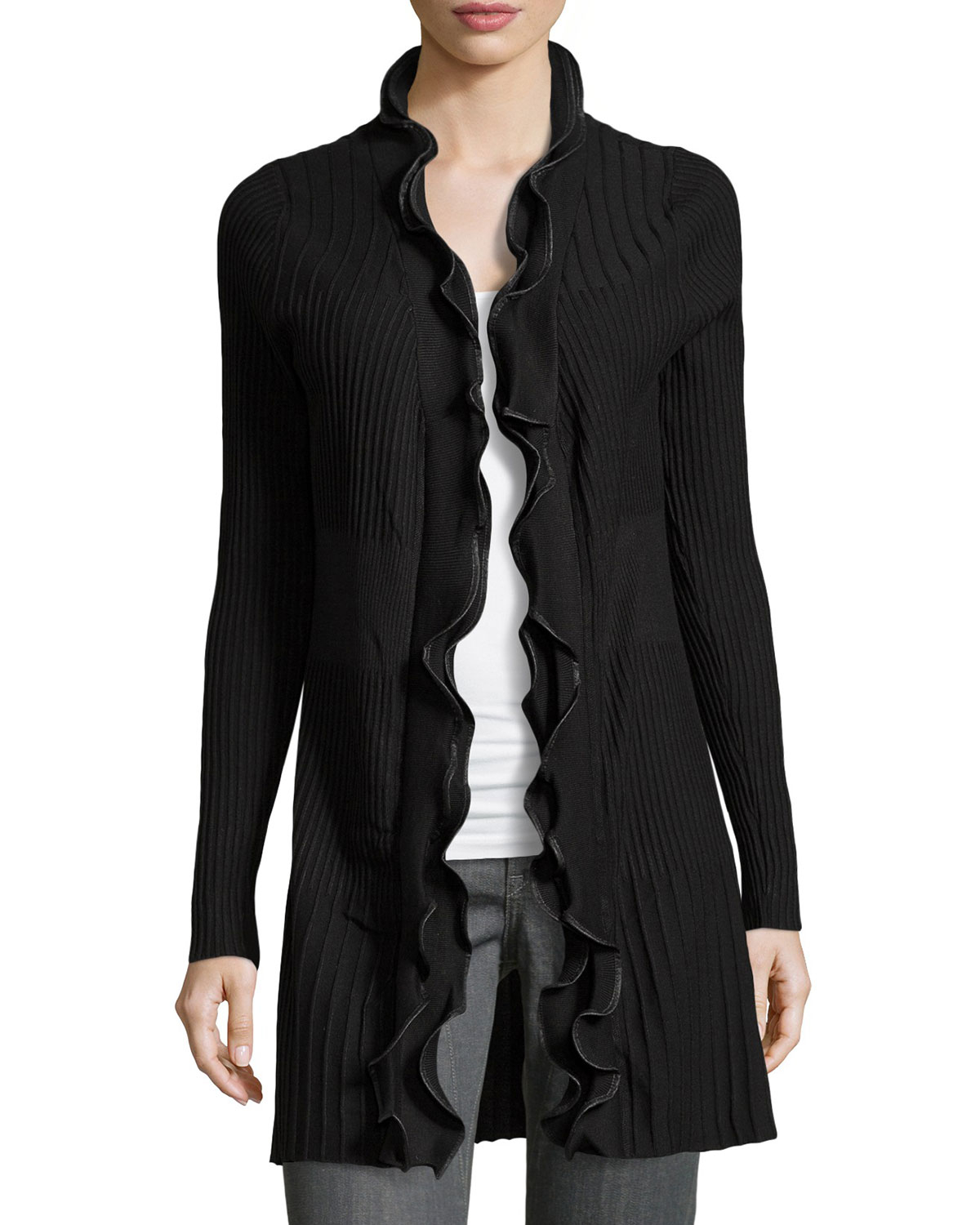 Lyst Neiman Marcus Rufflecollar Ribbed Cardigan in Black