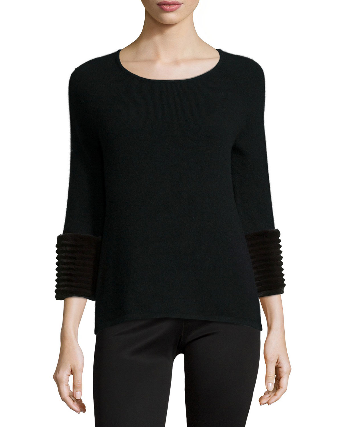 Neiman marcus Cashmere 3/4sleeve Sweater W/ Fur Cuffs in Black Lyst
