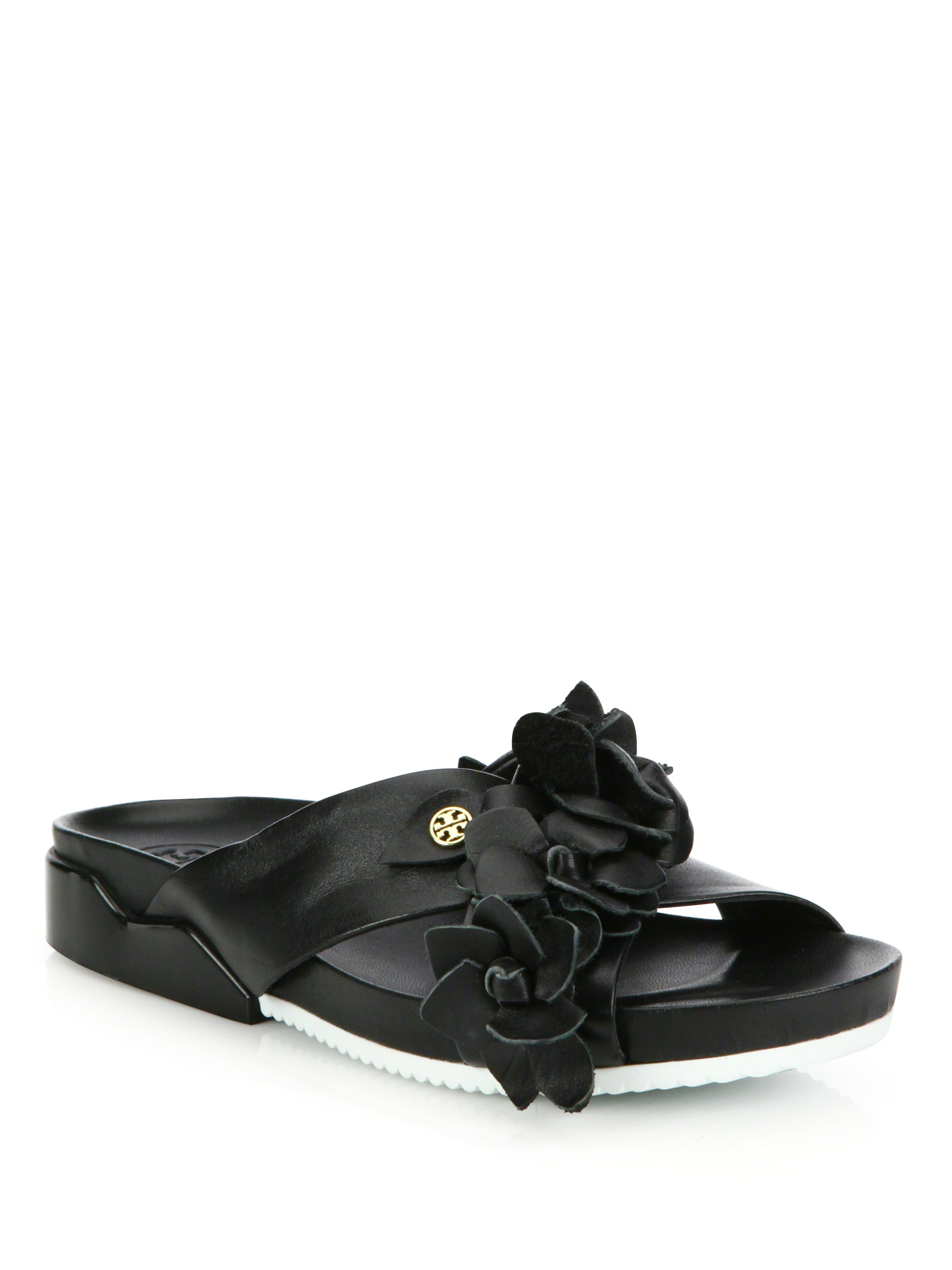 Tory Burch Leather Blossom Slide In Black Lyst