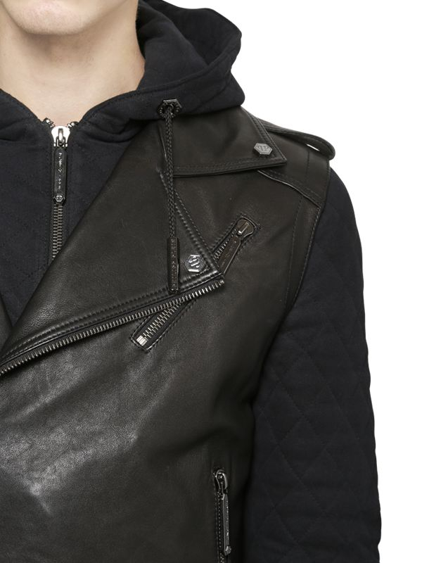 Philipp Plein Hooded Sweatshirt Biker Leather Jacket In Black Gallery