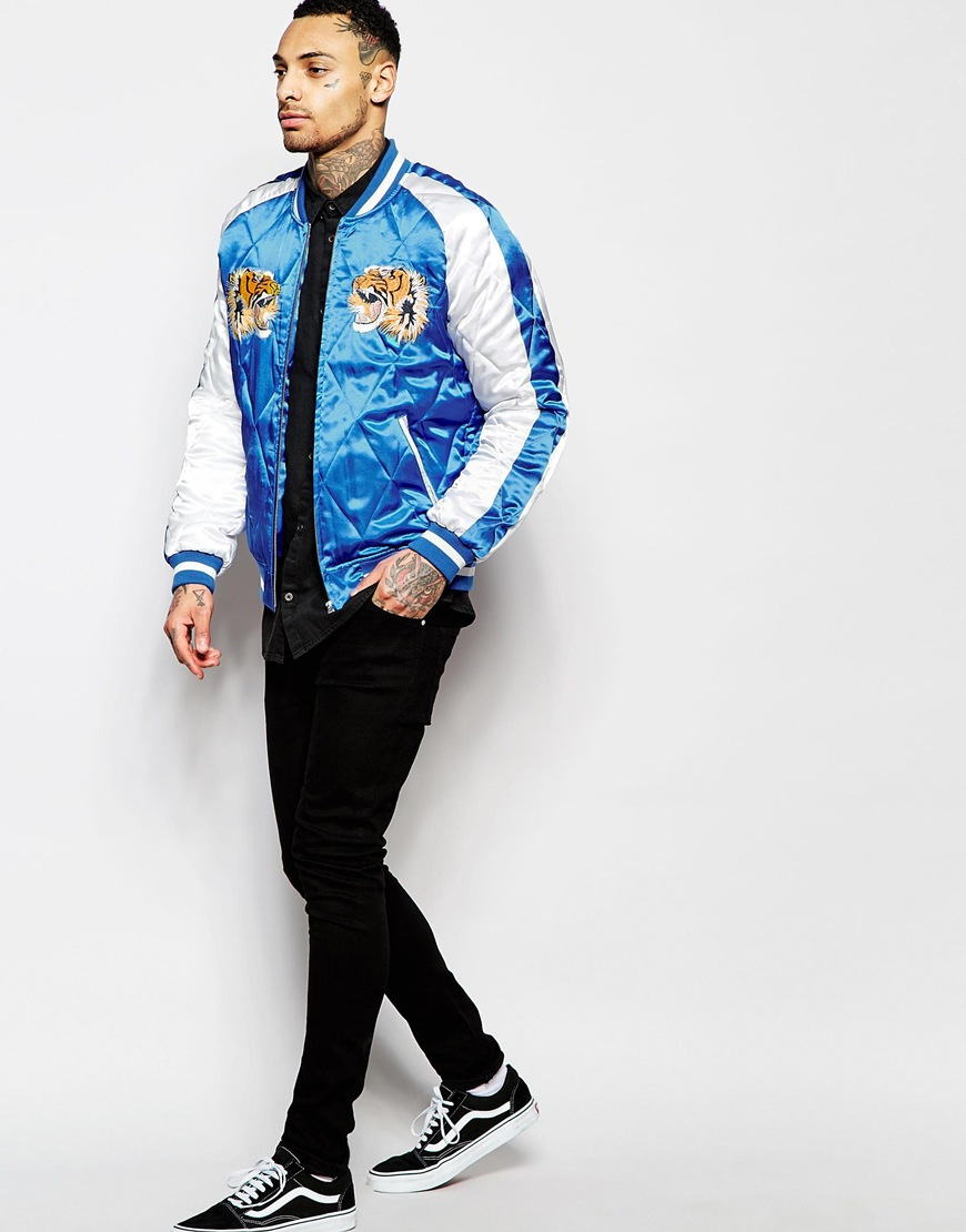ASOS Synthetic Bomber Jacket With Tiger Embroidery in Blue for Men - Lyst