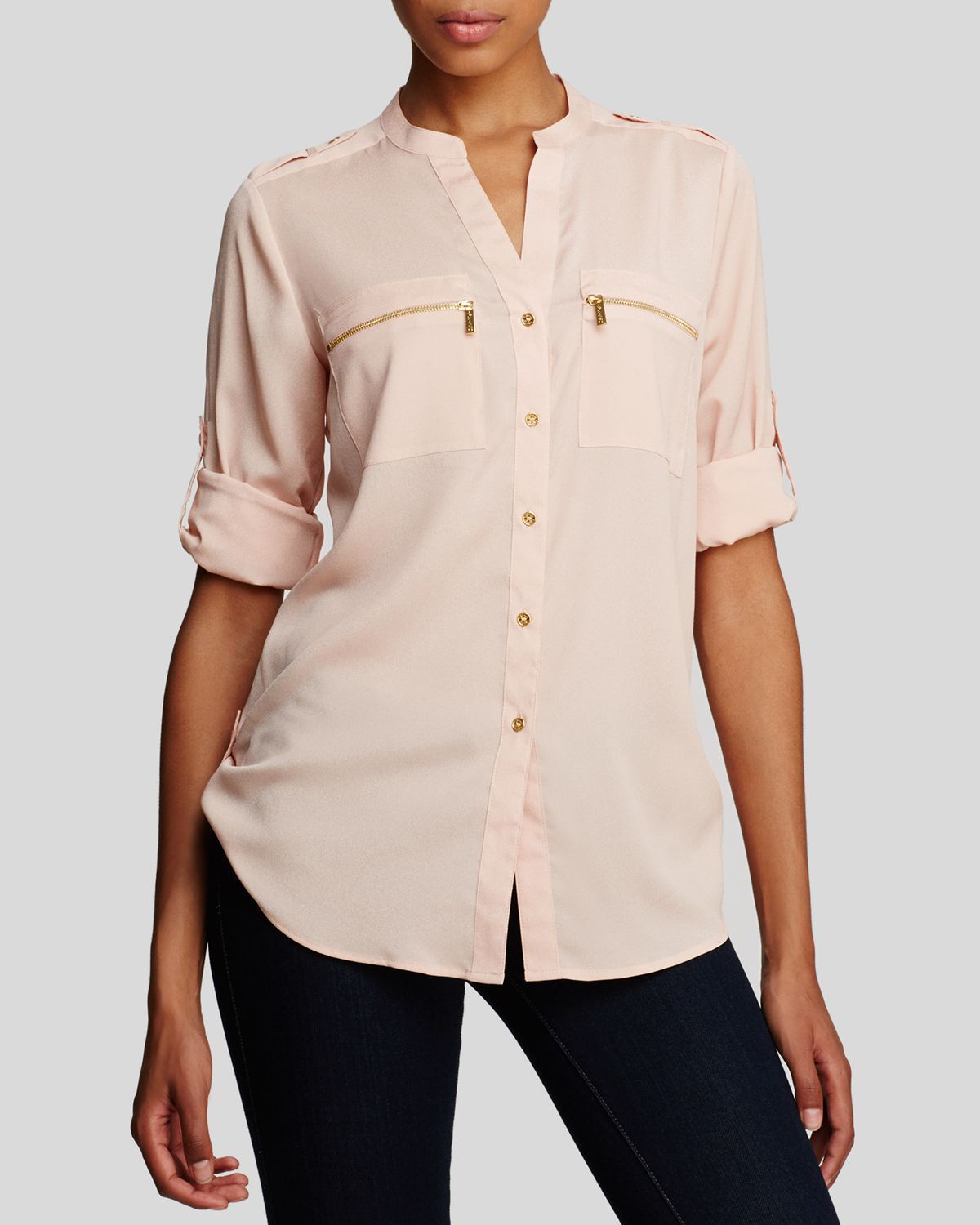 Calvin Klein Denim Zip Pocket Roll Sleeve Blouse in Blush (Pink) - Lyst