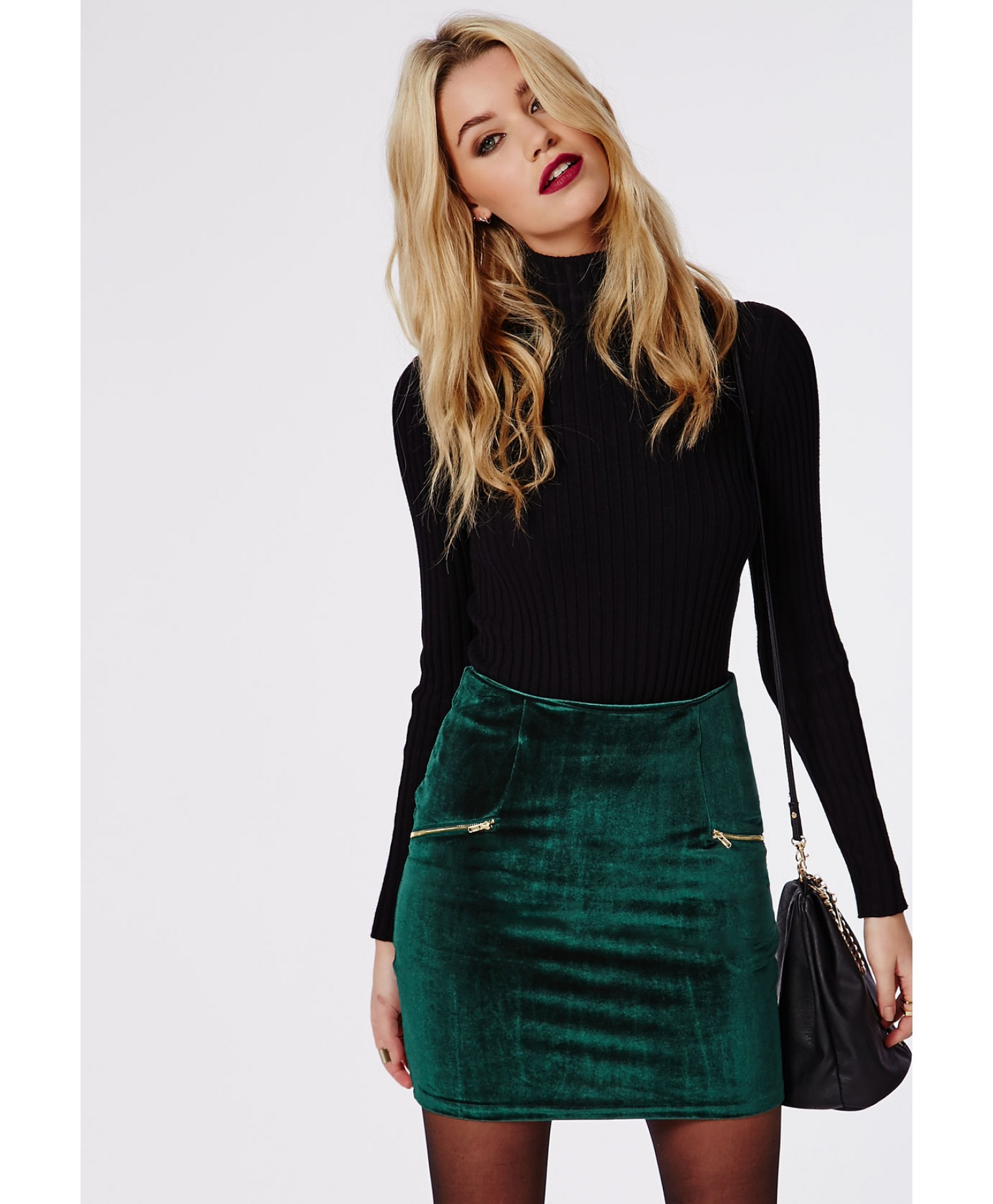 Missguided Velvet Zip Detail Mini Skirt Dark Green - Lyst