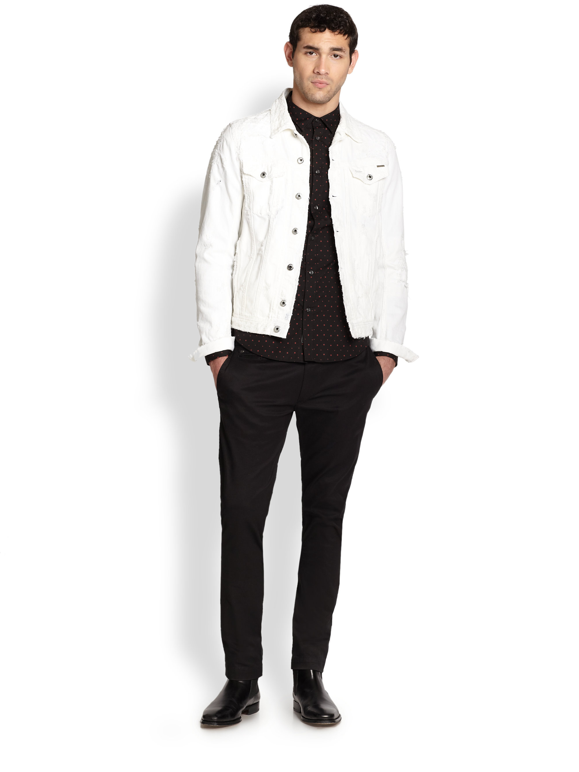 Lyst Diesel Elshar Distressed Denim Jacket in White for Men