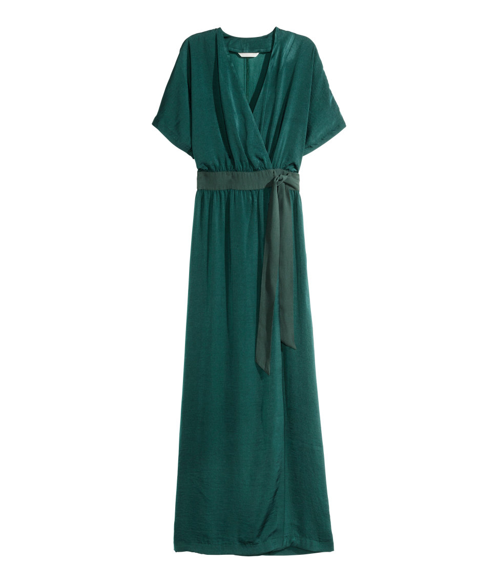 dark green satin wrap dress