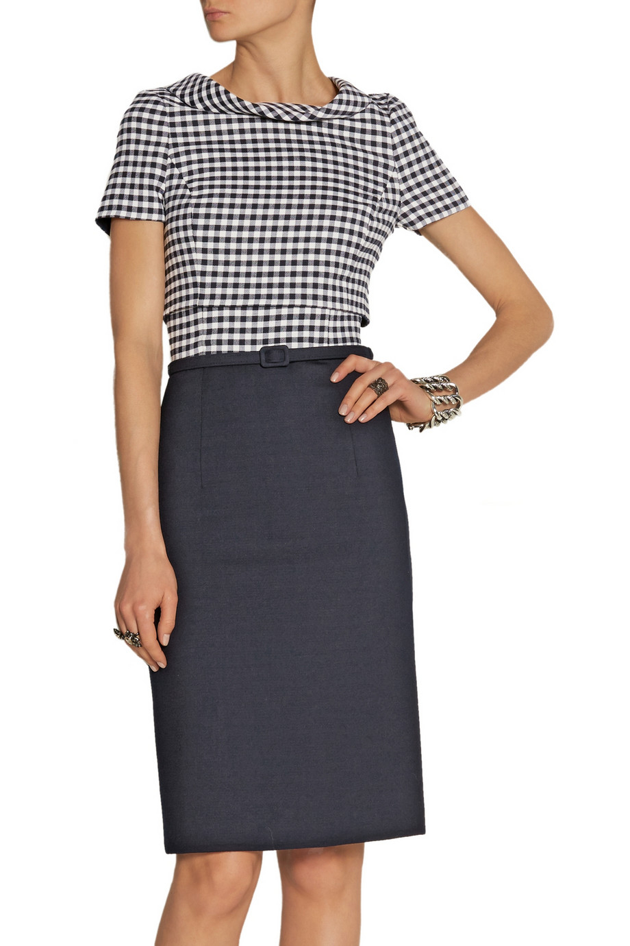 Oscar de la Renta Gingham Wool Blend Dress in Navy (Blue) - Lyst