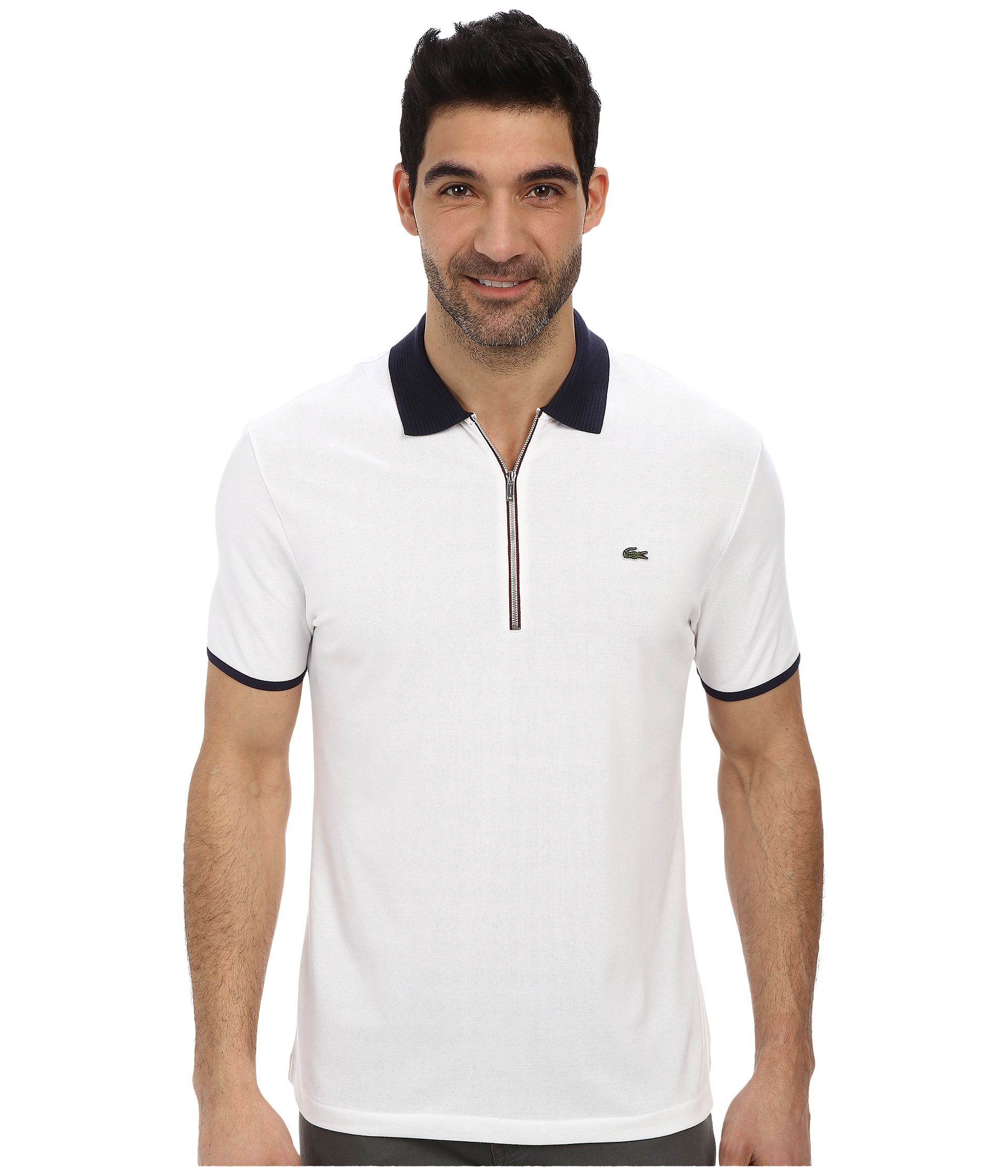 Lacoste Cotton Pique Pima Stretch Slim Fit Polo With Zipper Placket in  White/Navy Blue/Burgundy (White) for Men | Lyst