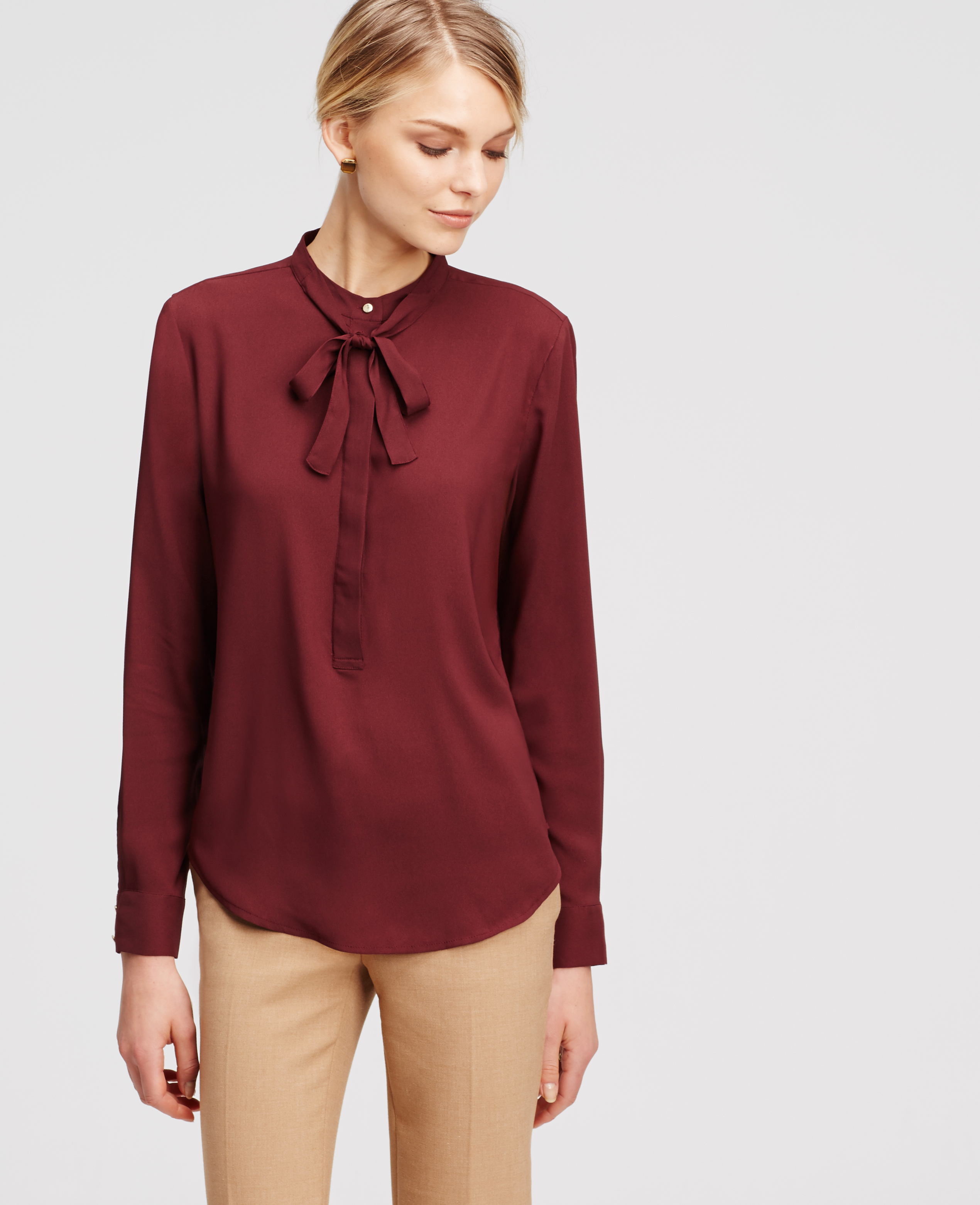 Ann taylor Silky Tie Neck Blouse in Red (Chianti) | Lyst