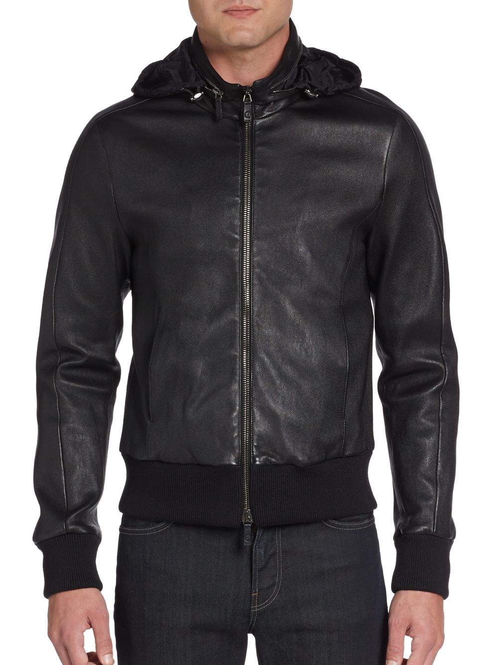 Giorgio Armani Hooded Leather Bomber Jacket in Black for Men - Lyst