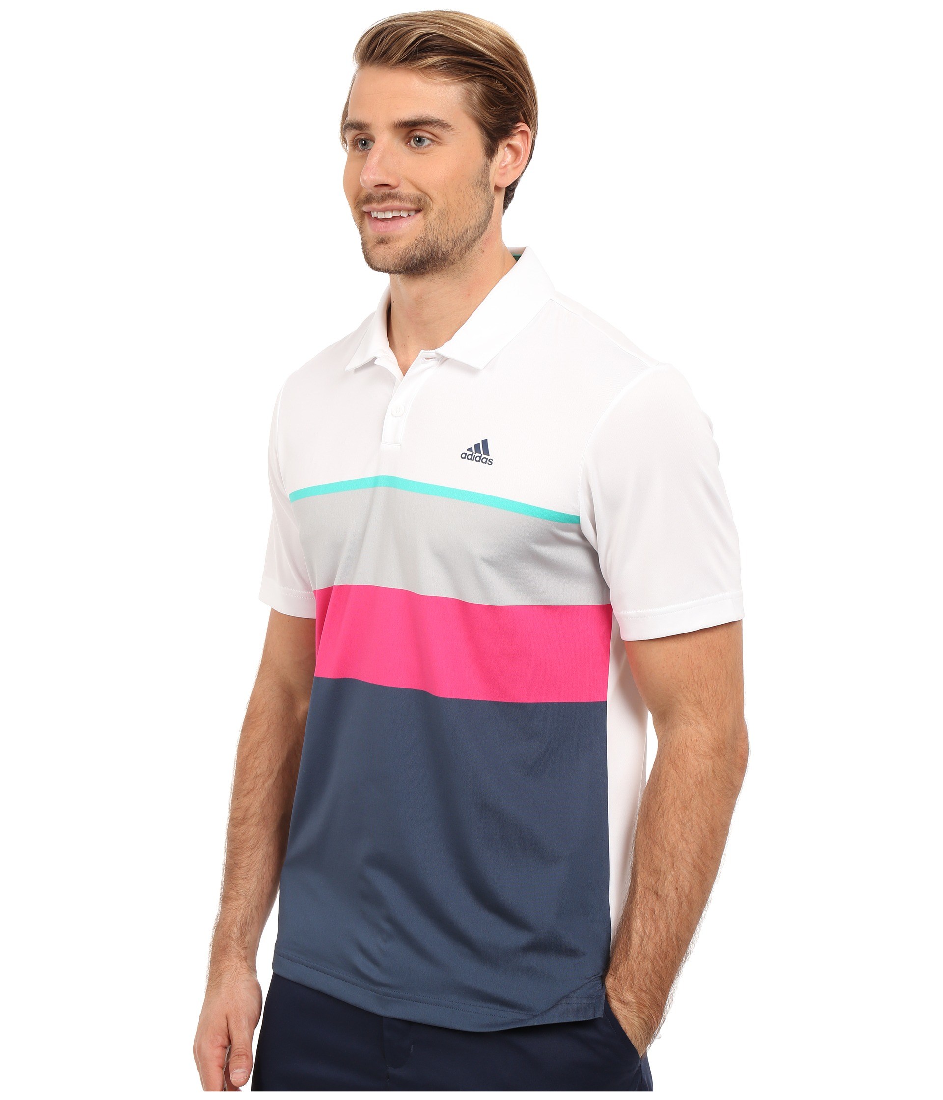 adidas golf men's climacool white based engineered stripe polo shirt