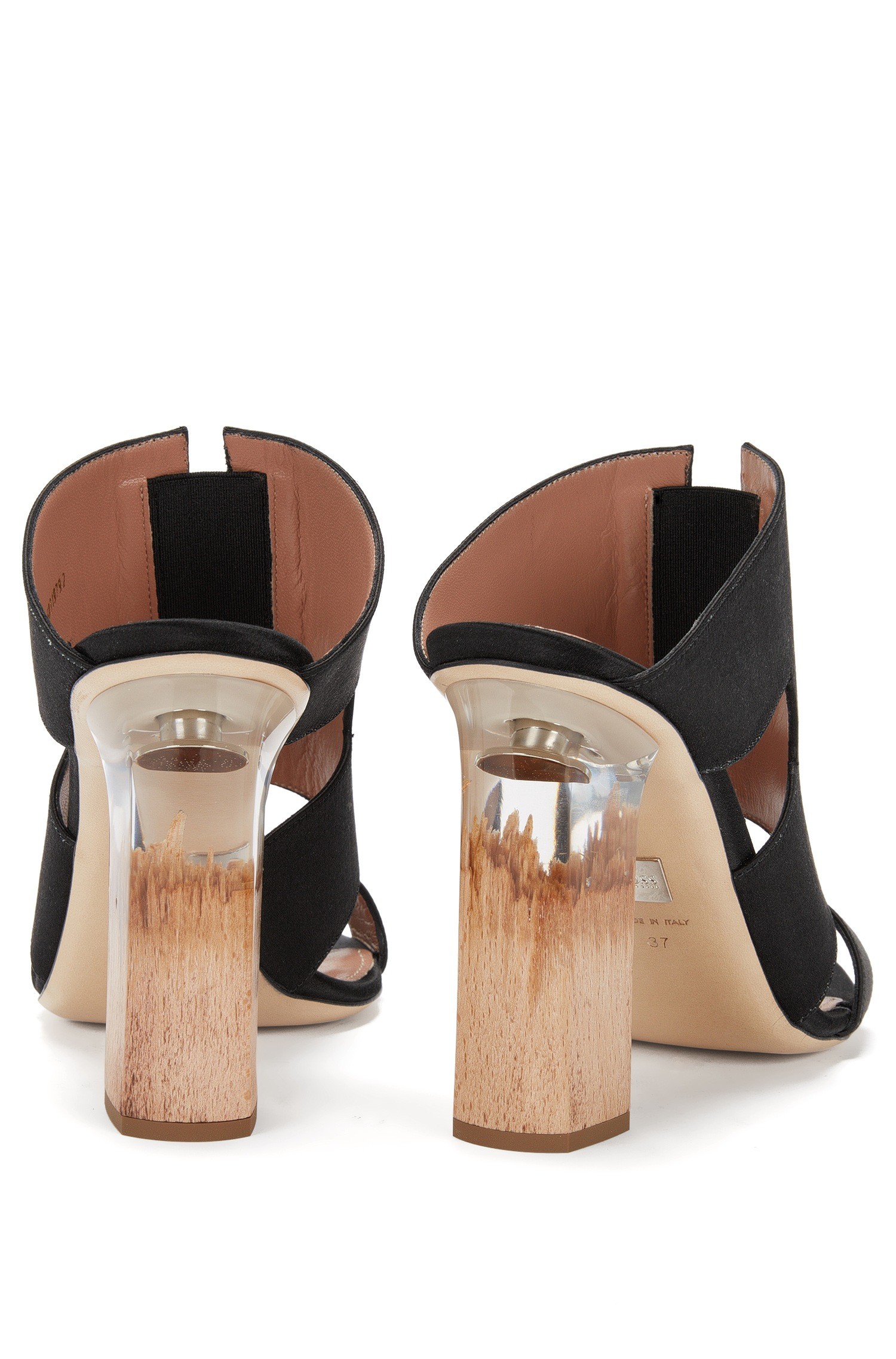 bespoke sandals on Boss By Hugo Boss Bespoke Wood Plexy Satin Italian Silk Resin Heel Sandals In Black Brown Lyst