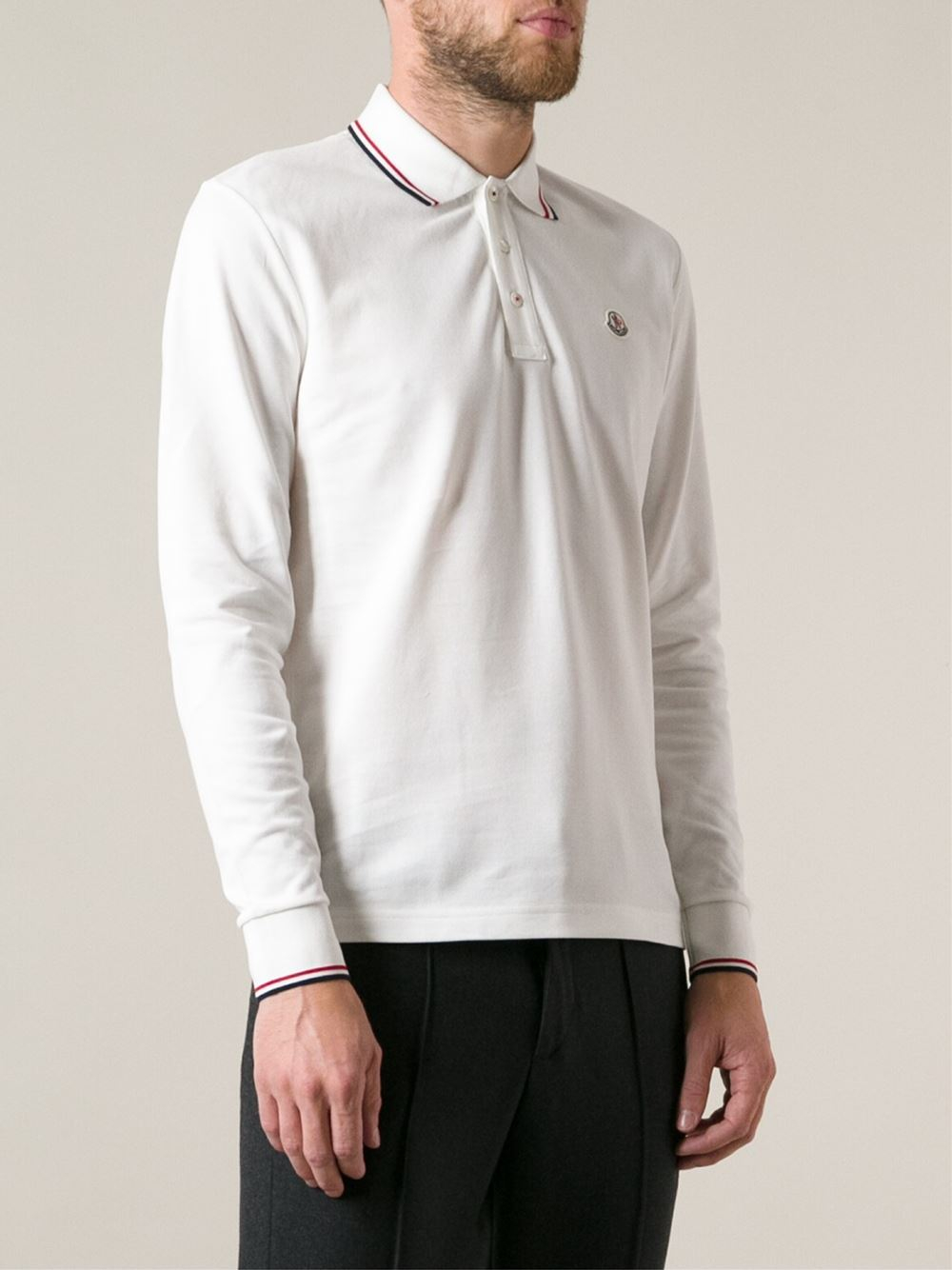 Moncler Long Sleeve Polo Shirt in White for Men | Lyst