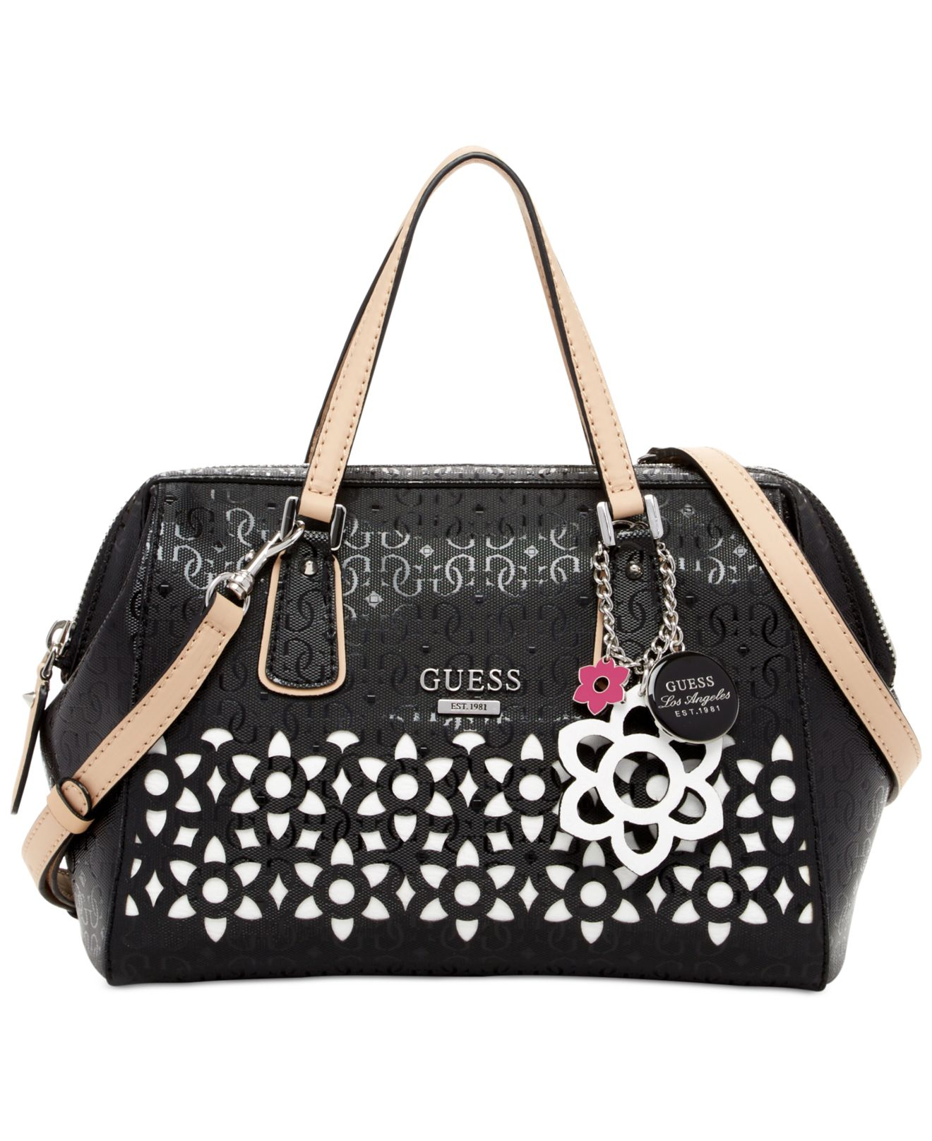 NWT GUESS Bianco Nero Laser Cutout Frame Satchel Handbag Purse Hot Pink