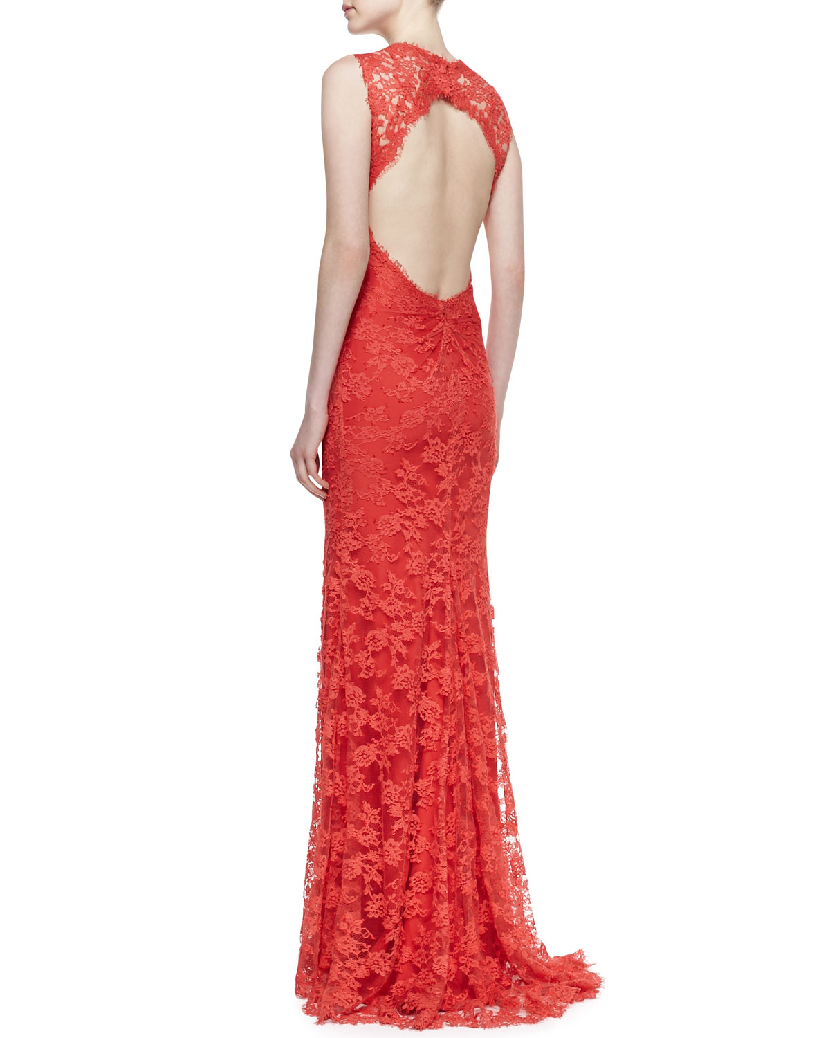 monique lhuillier red floral lace gown