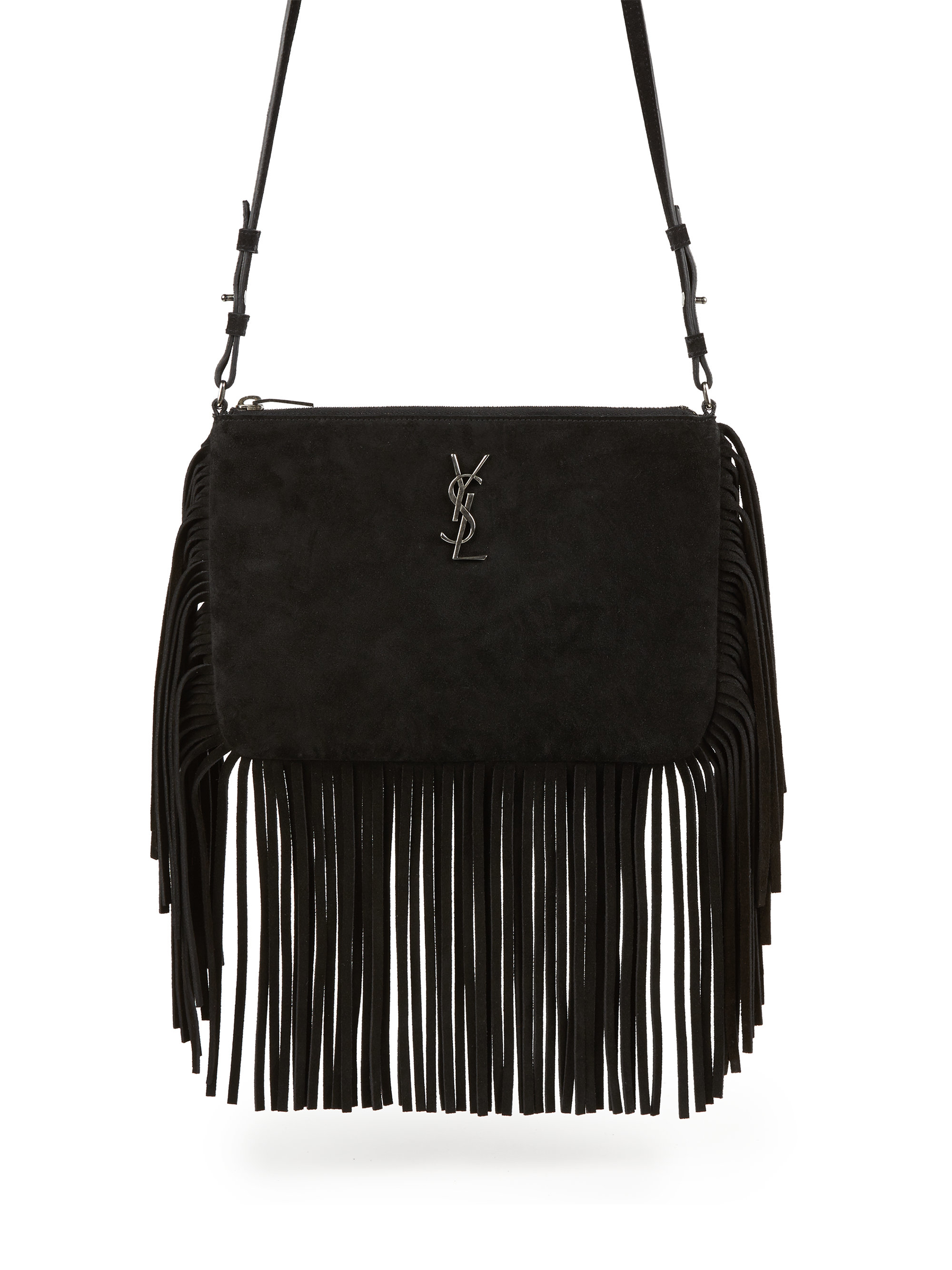 Saint Laurent Fringed Suede Crossbody Bag in Black - Lyst