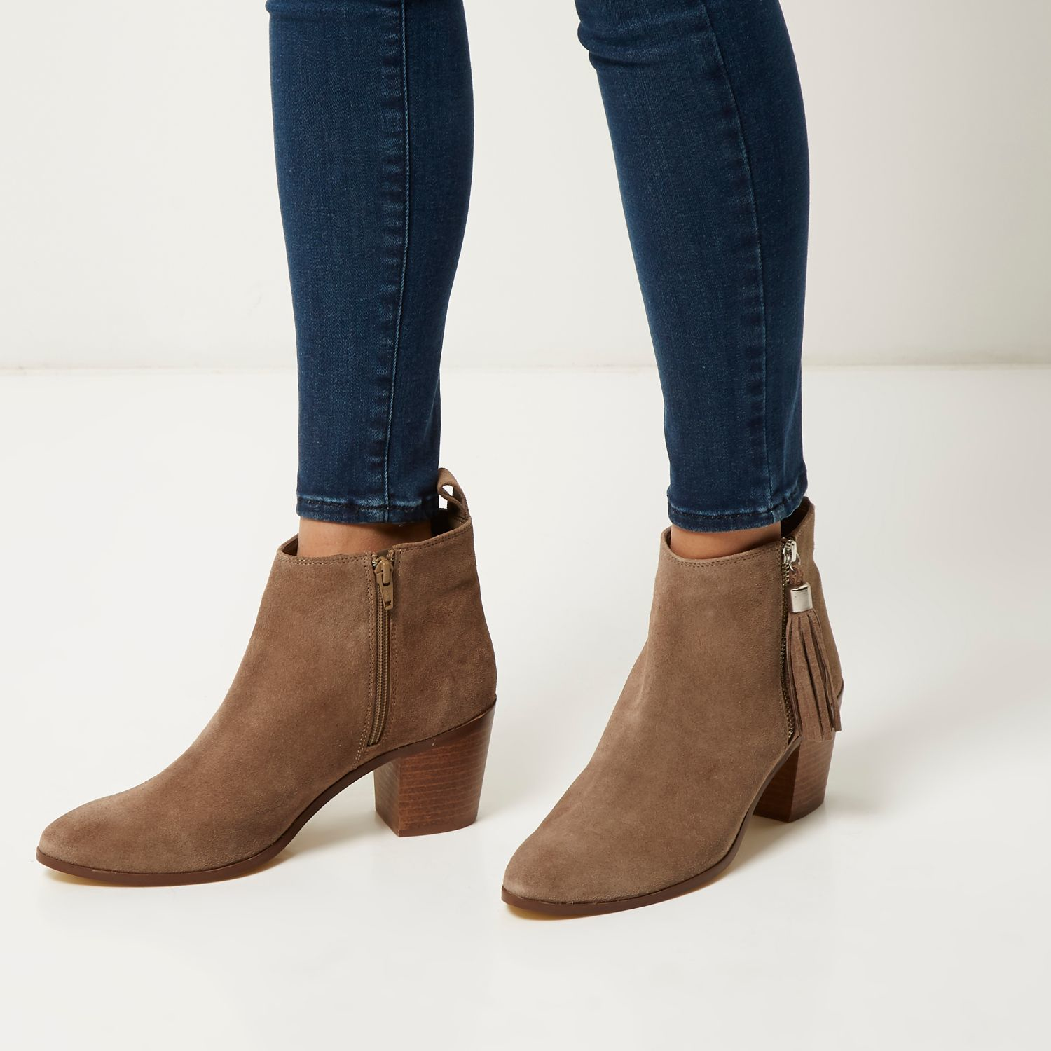 River Island Beige Suede Tassel Heeled Ankle Boots in Natural - Lyst