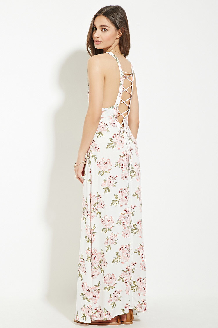 Forever 21 Lace-up Floral Maxi Dress | Lyst