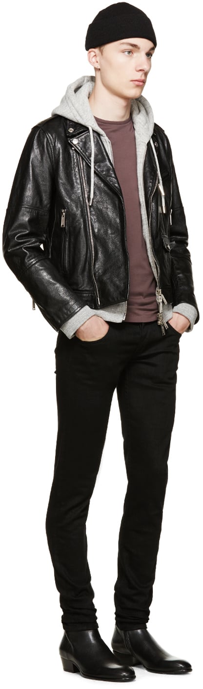 black leather jacket with grey hoodie