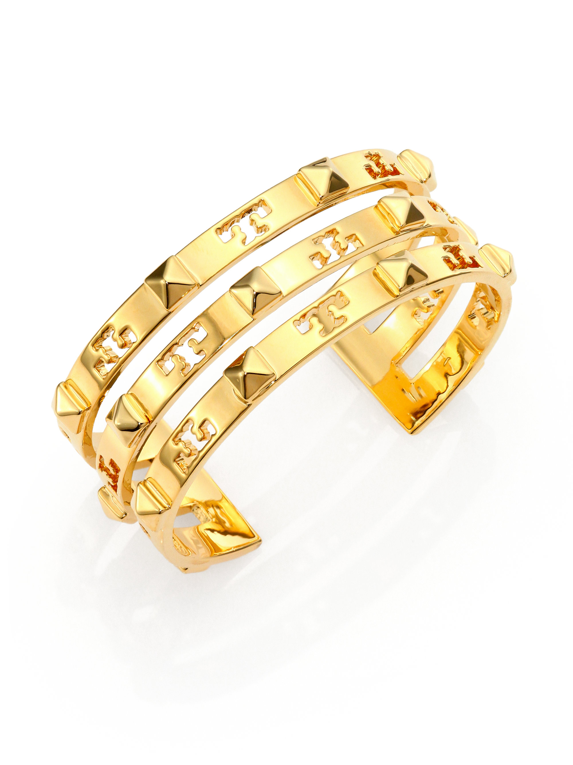 Tory Burch Stacked Logo Stud Cuff Bracelet in Shiny Gold (Metallic) - Lyst